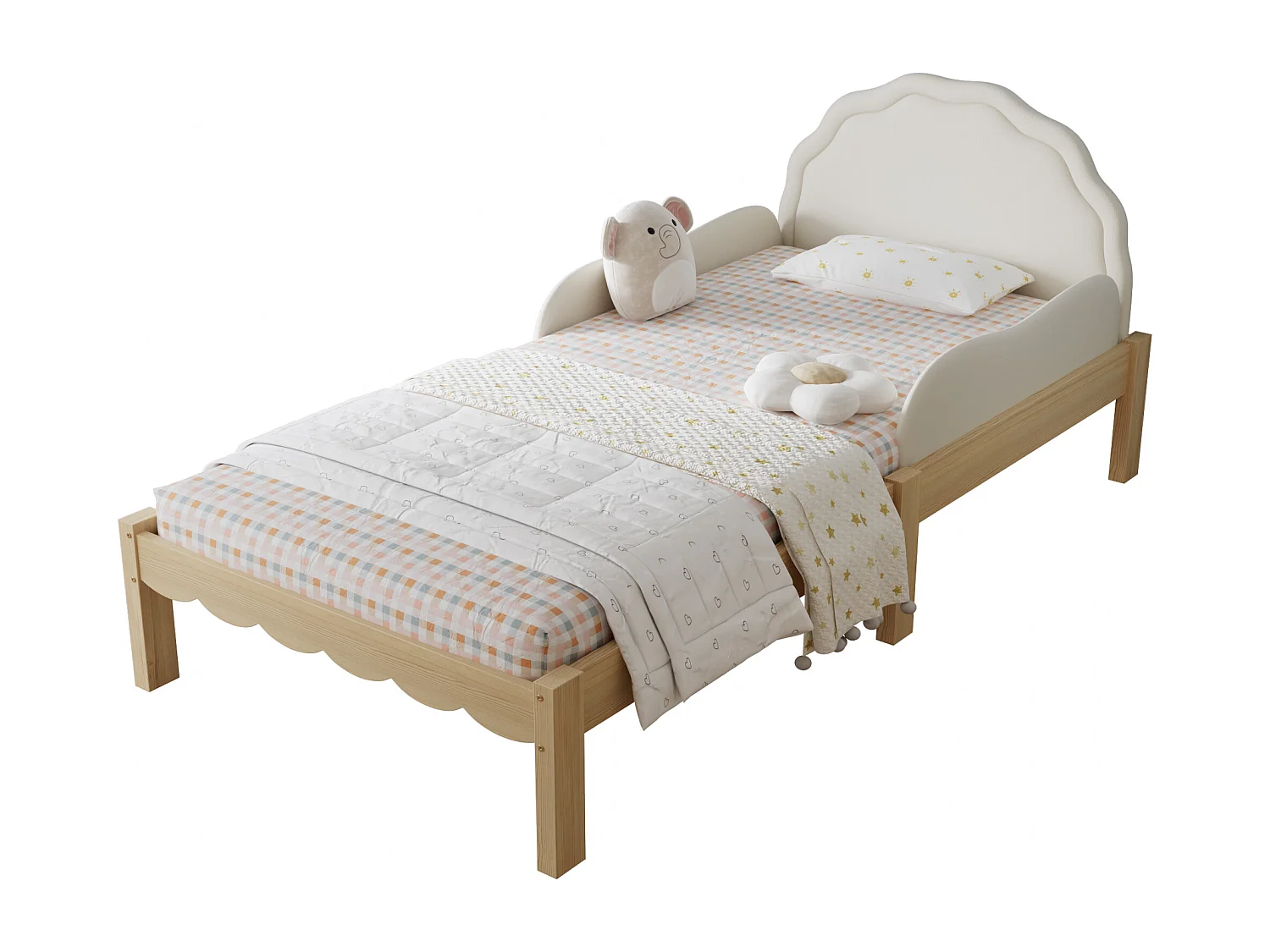 Lit rembourré simple pour enfant 90x200cm - tête de lit rembourrée en PU - rambarde latérale - avec sommier à lattes - Naturel