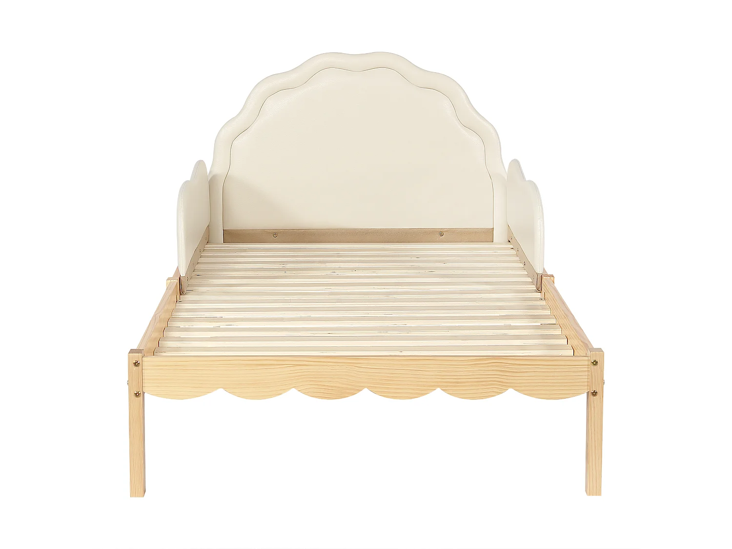 Lit rembourré simple pour enfant 90x200cm - tête de lit rembourrée en PU - rambarde latérale - avec sommier à lattes - Naturel