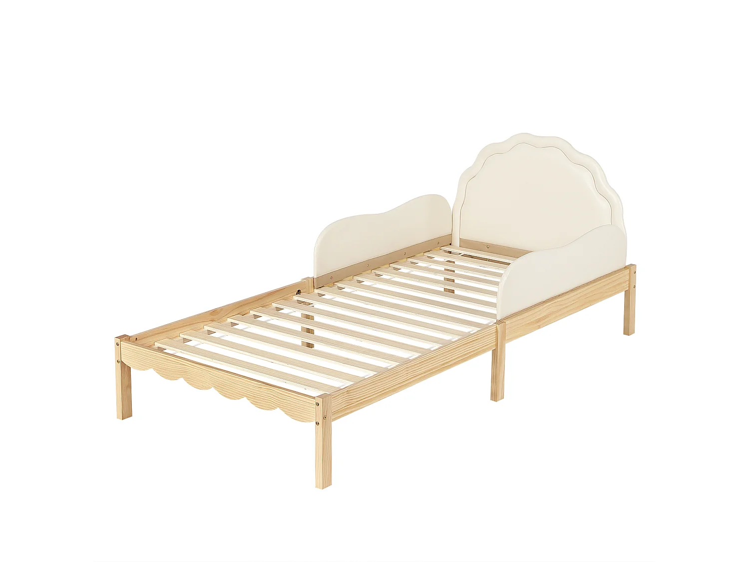 Lit rembourré simple pour enfant 90x200cm - tête de lit rembourrée en PU - rambarde latérale - avec sommier à lattes - Naturel
