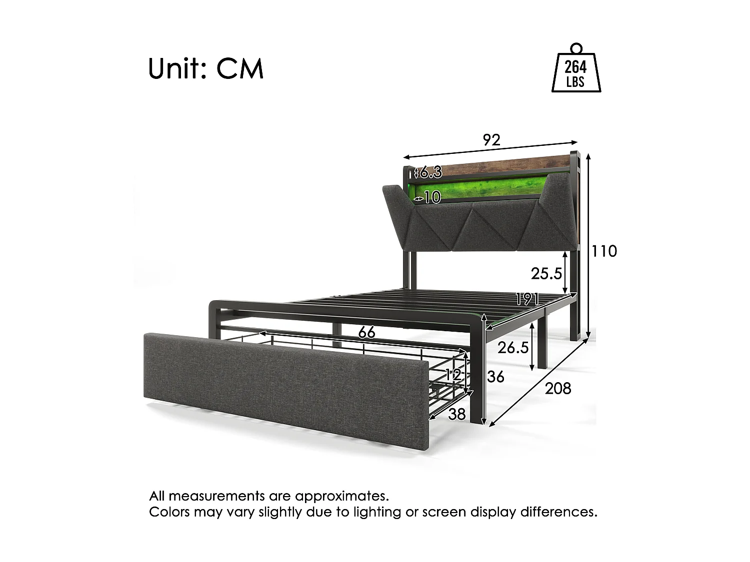 Upholstered linen bed with drawer 90x190cm - with LEDs and charging ports - Grey