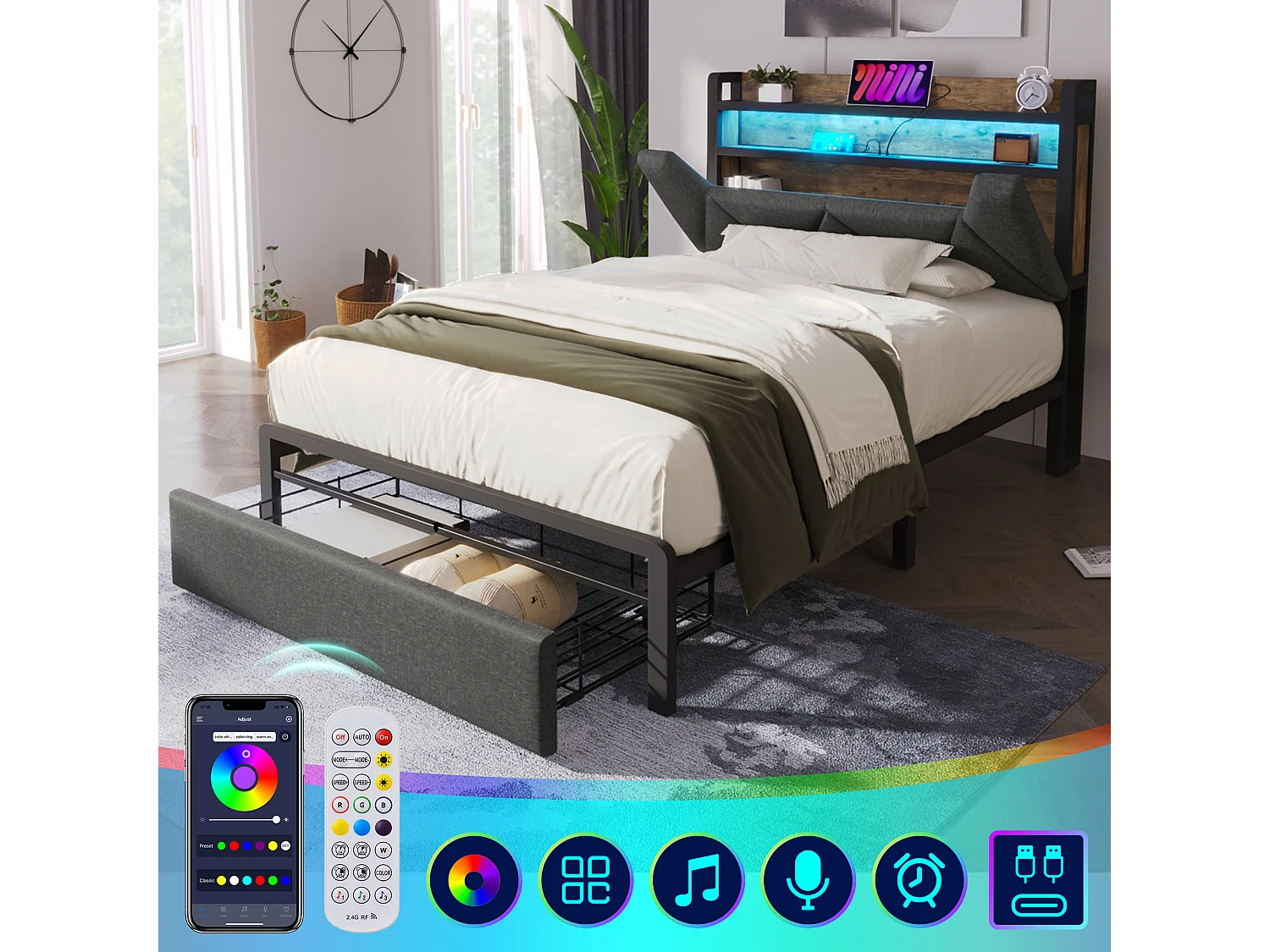 Upholstered linen bed with drawer 90x190cm - with LEDs and charging ports - Grey