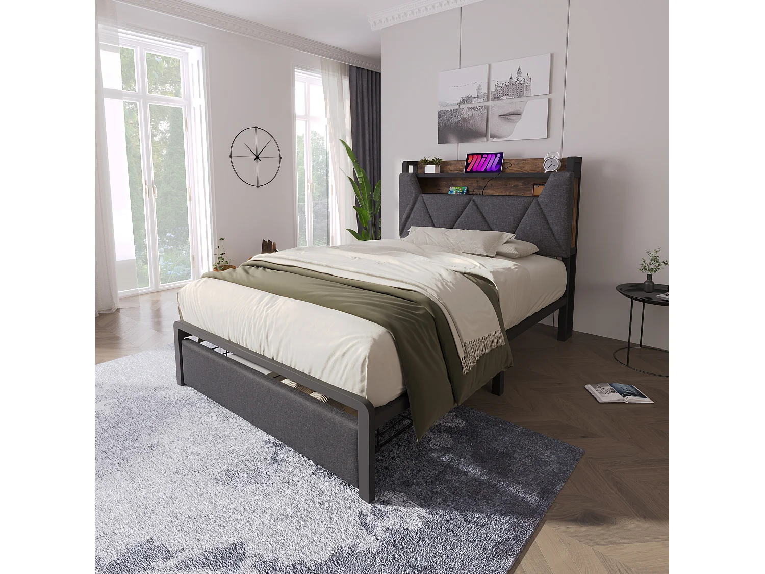 Upholstered linen bed with drawer 90x190cm - with LEDs and charging ports - Grey