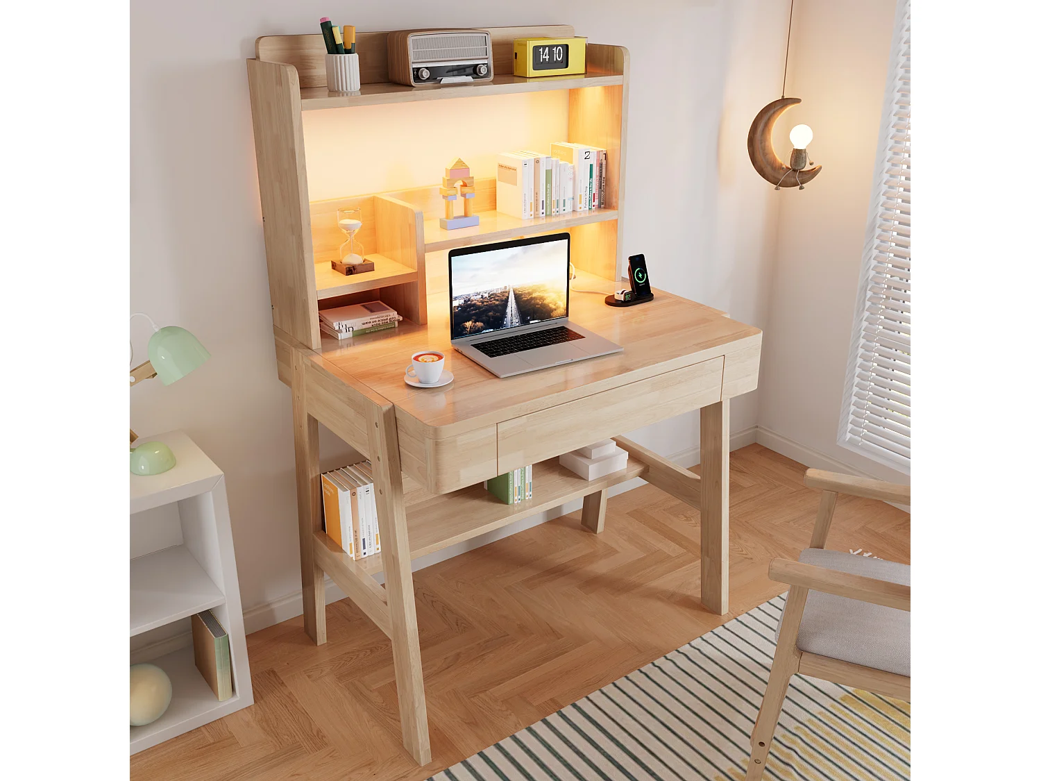 Højdejusterbart børneskrivebord - med LED-lys, USB-port, 1 skuffe og opbevaringsplads - massivt træ - natur