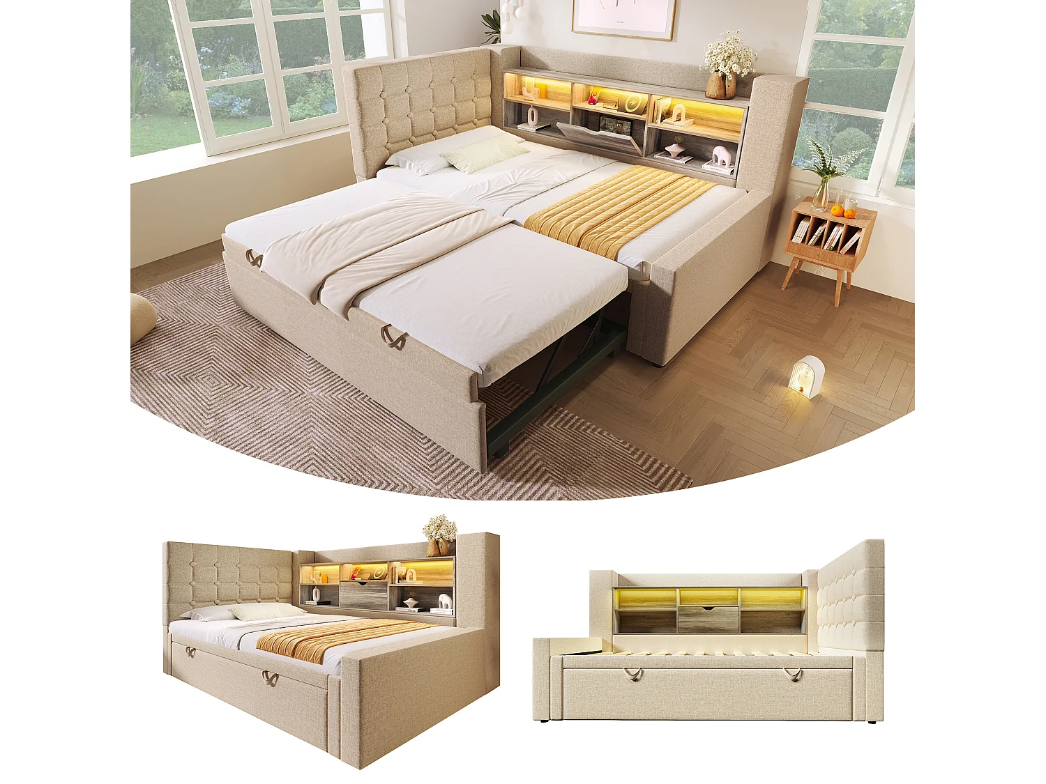 Sofa bed 90x200cm - with pull-out bed - with LED lighting and storage space - with USB - linen fabric - beige (mattress not included)