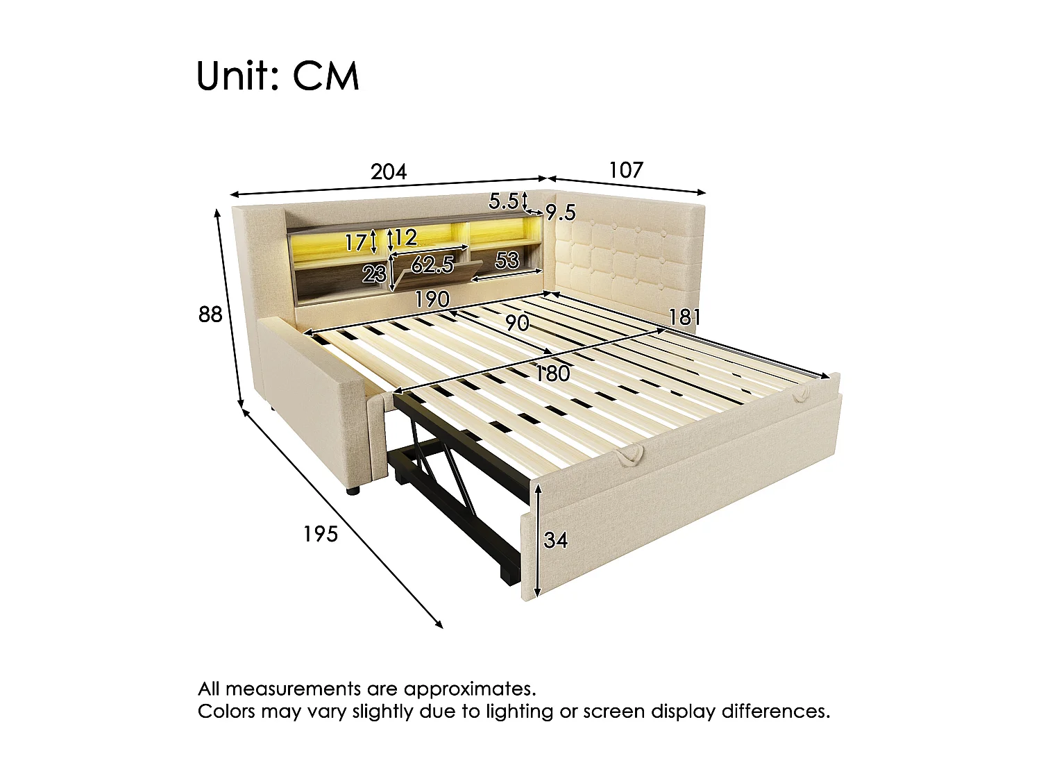 Sofa bed 90x200cm - with pull-out bed - with LED lighting and storage space - with USB - linen fabric - beige (mattress not included)