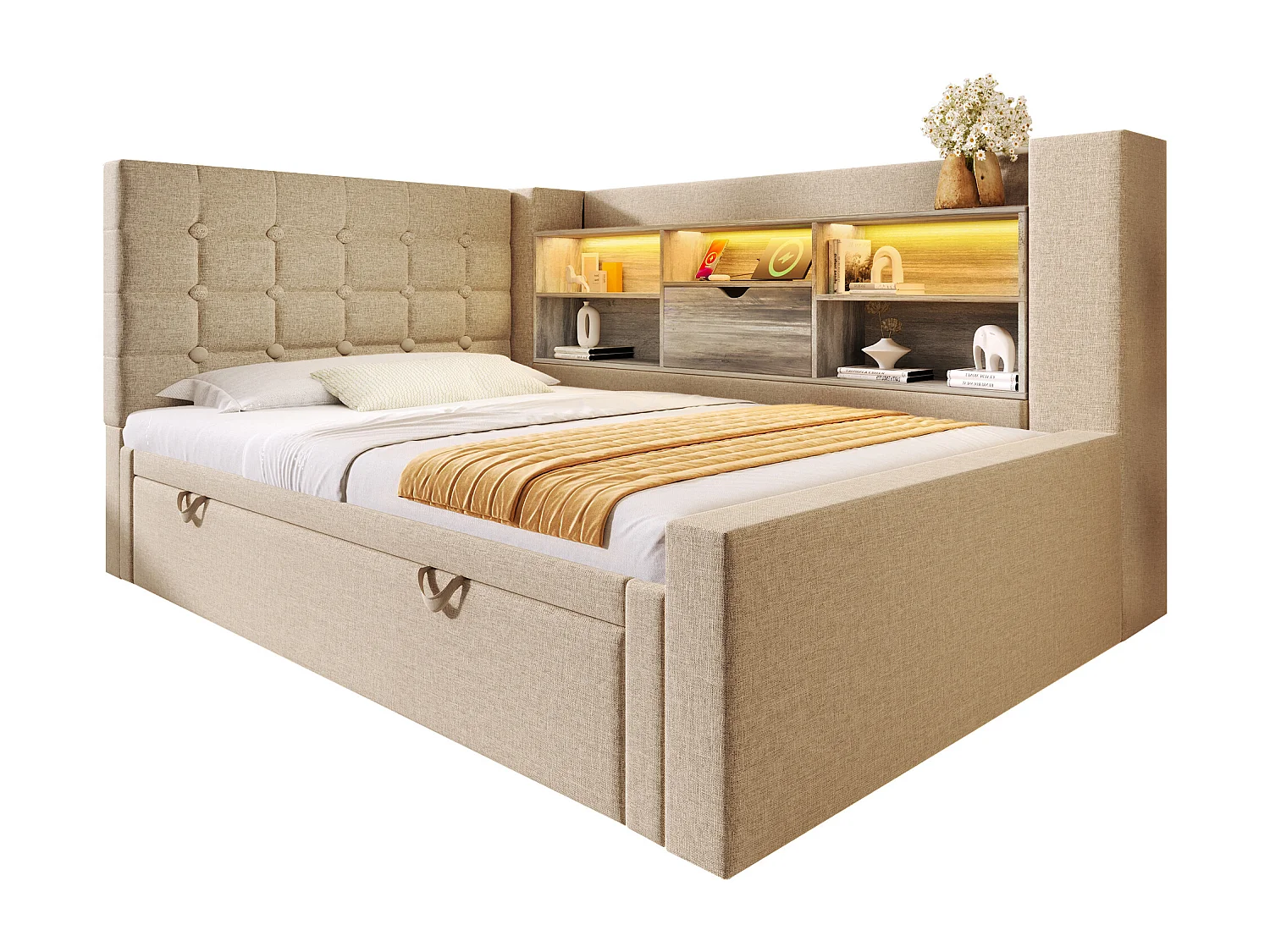 Sofa bed 90x200cm - with pull-out bed - with LED lighting and storage space - with USB - linen fabric - beige (mattress not included)