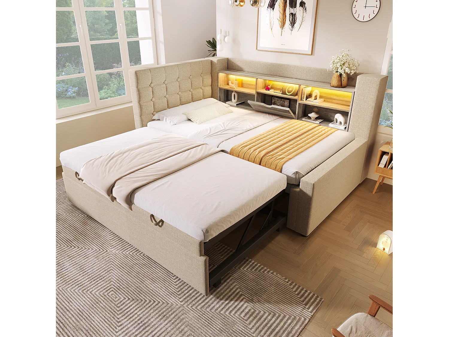 Sofa bed 90x200cm - with pull-out bed - with LED lighting and storage space - with USB - linen fabric - beige (mattress not included)