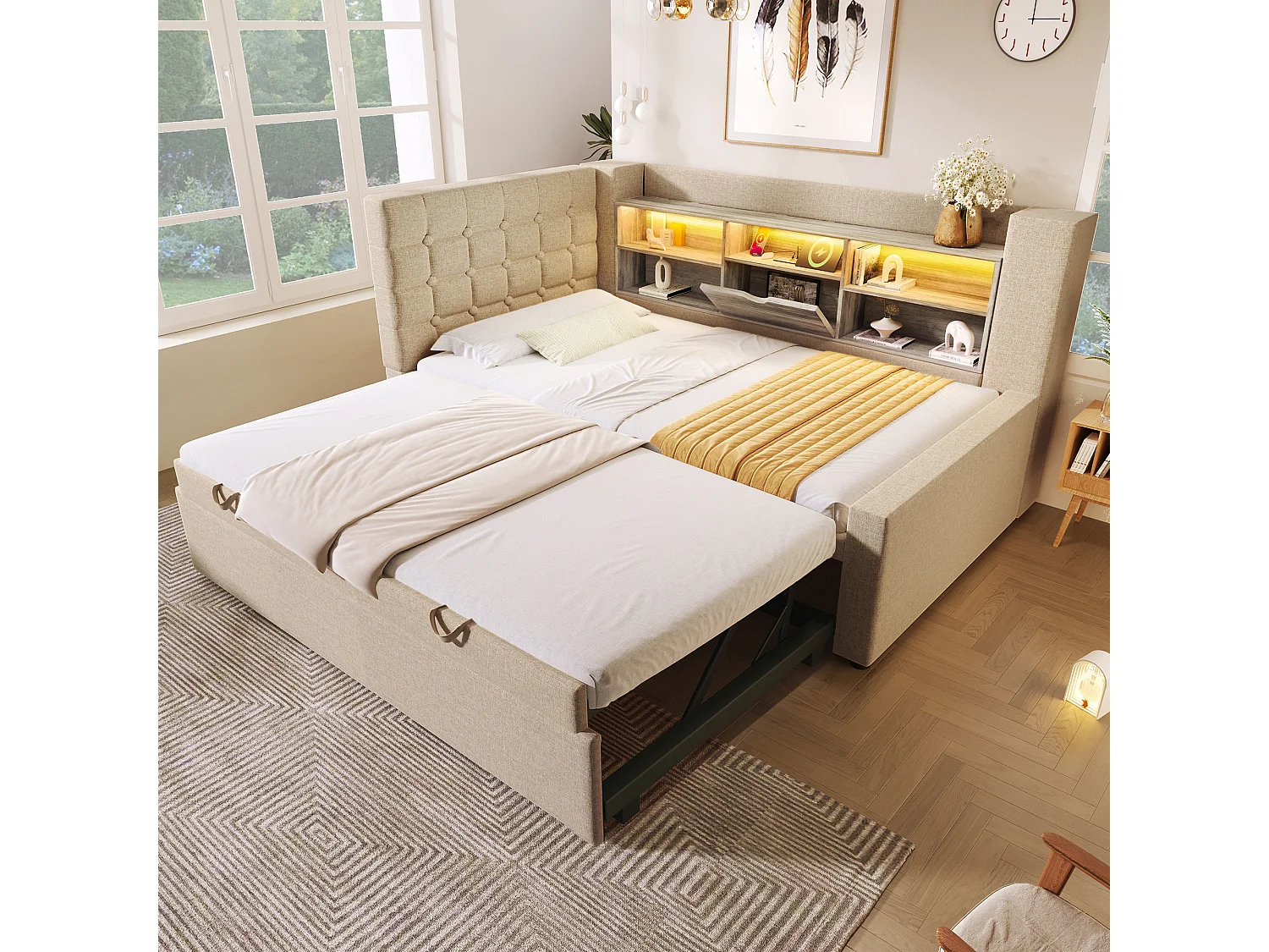Sofa bed 90x190cm - with pull-out bed - with LED lighting and storage space - with USB - linen fabric - beige (mattress not included)