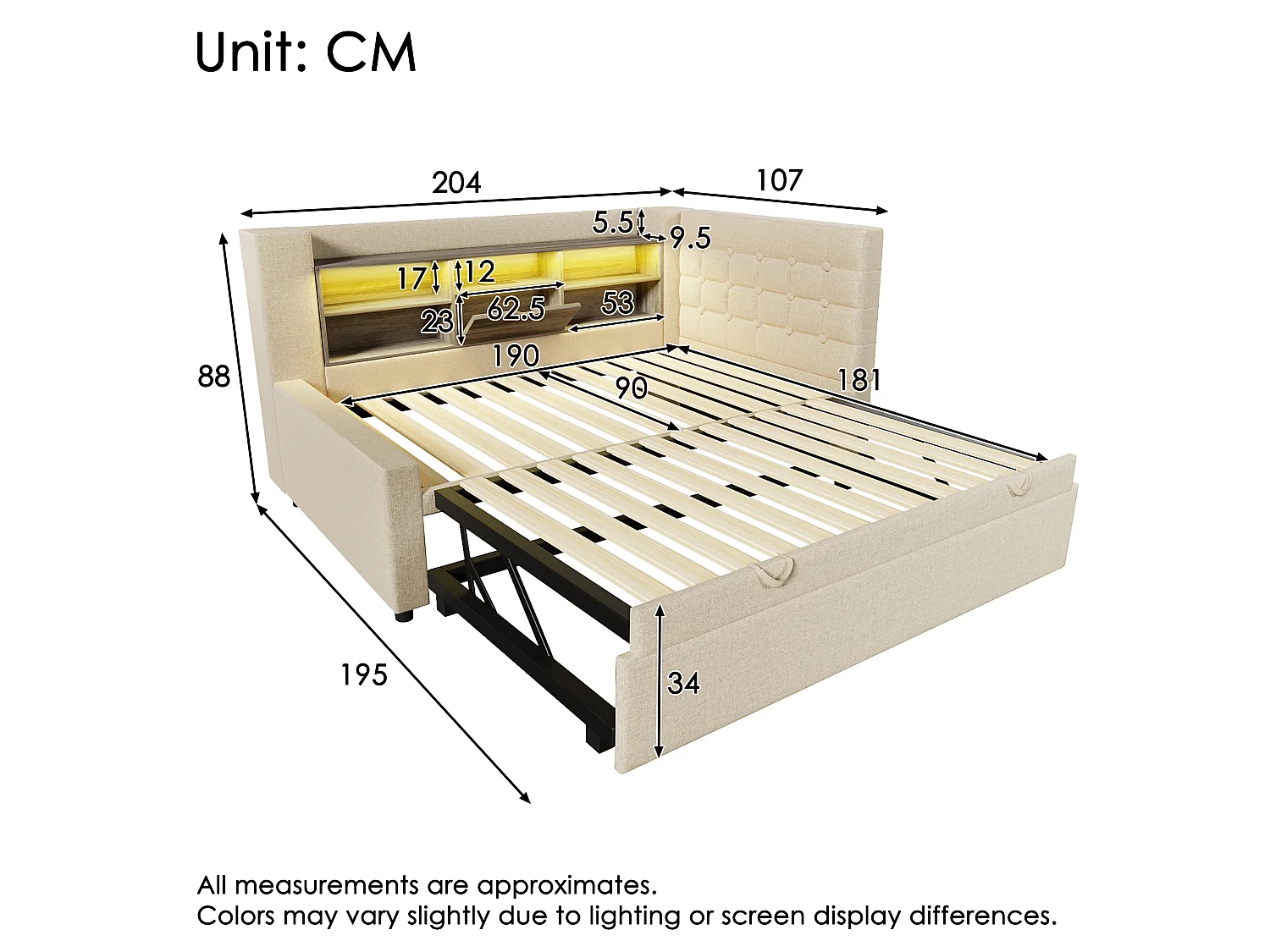 Sofa bed 90x190cm - with pull-out bed - with LED lighting and storage space - with USB - linen fabric - beige (mattress not included)