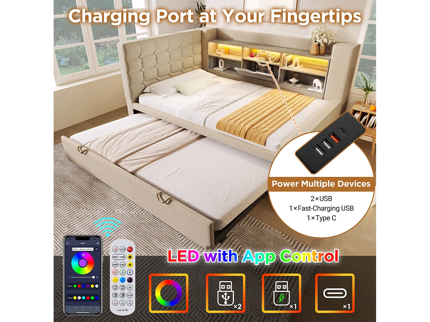 Sofa bed 90x190cm - with pull-out bed - with LED lighting and storage space - with USB - linen fabric - beige (mattress not included)