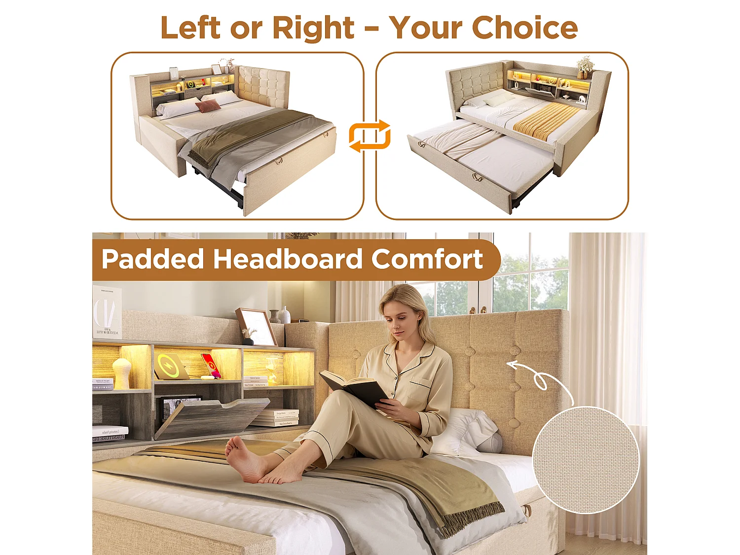 Sofa bed 90x190cm - with pull-out bed - with LED lighting and storage space - with USB - linen fabric - beige (mattress not included)