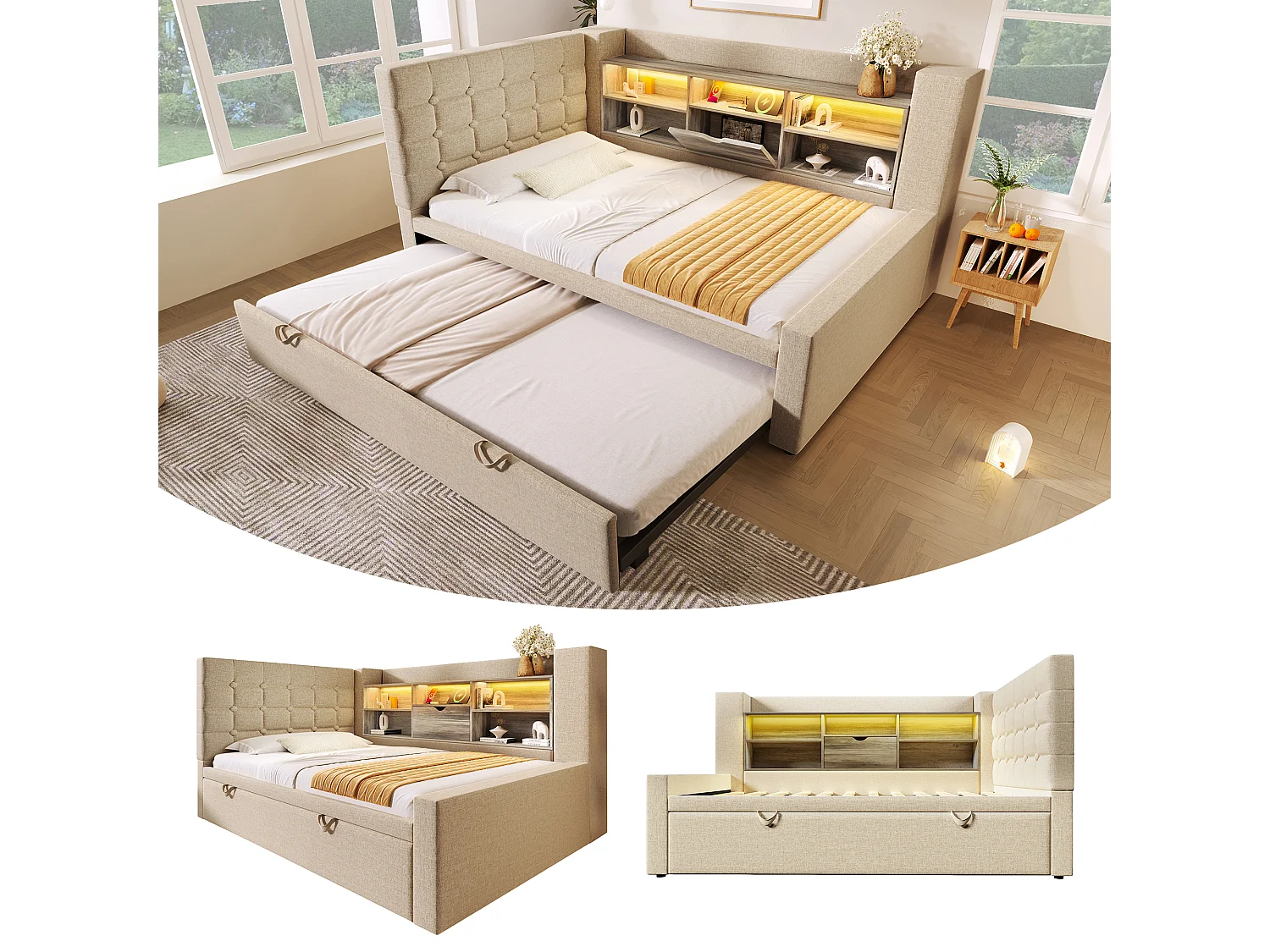 Sofa bed 90x190cm - with pull-out bed - with LED lighting and storage space - with USB - linen fabric - beige (mattress not included)