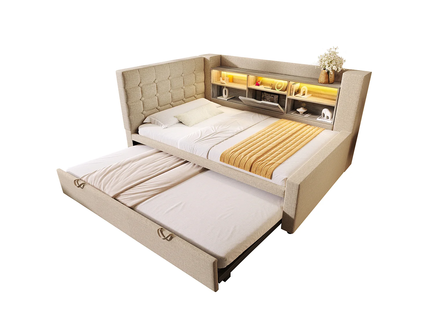Sofa bed 90x190cm - with pull-out bed - with LED lighting and storage space - with USB - linen fabric - beige (mattress not included)
