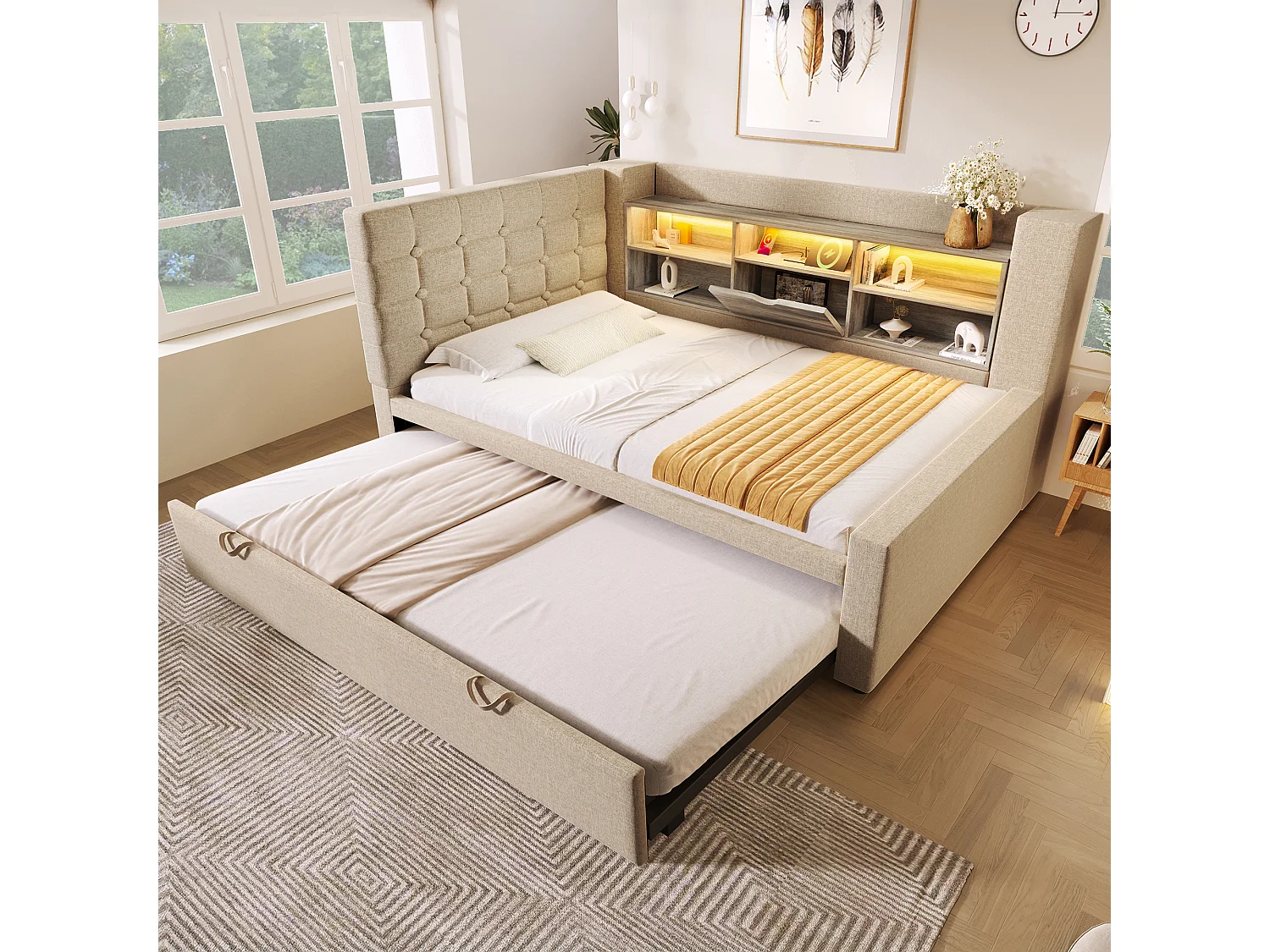 Sofa bed 90x190cm - with pull-out bed - with LED lighting and storage space - with USB - linen fabric - beige (mattress not included)