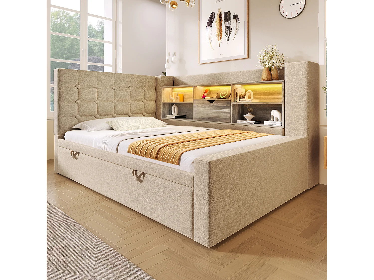 Sofa bed 90x190cm - with pull-out bed - with LED lighting and storage space - with USB - linen fabric - beige (mattress not included)
