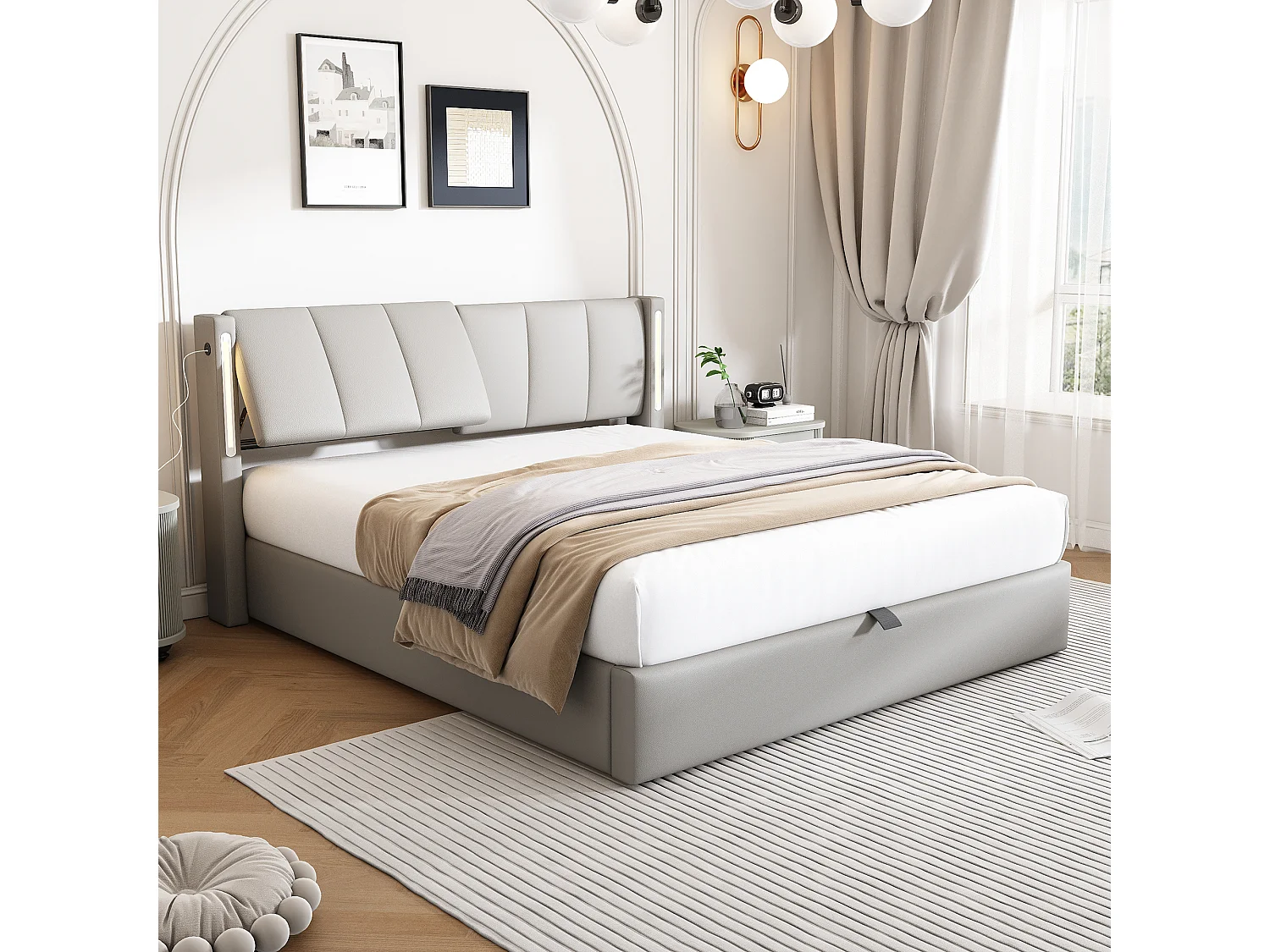 Upholstered storage bed 140 x 190 cm - with USB charging port - with LED lighting - adjustable headboard - PU - grey (mattress not included)