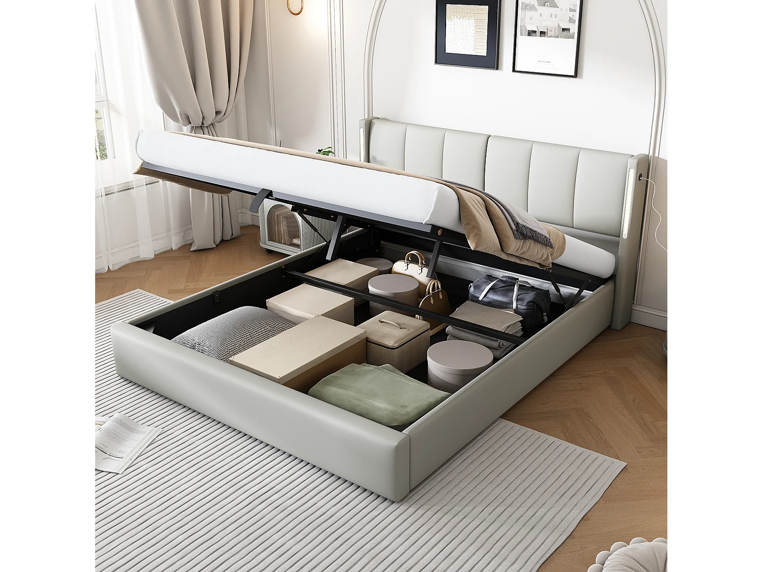 Upholstered storage bed 140 x 190 cm - with USB charging port - with LED lighting - adjustable headboard - PU - grey (mattress not included)