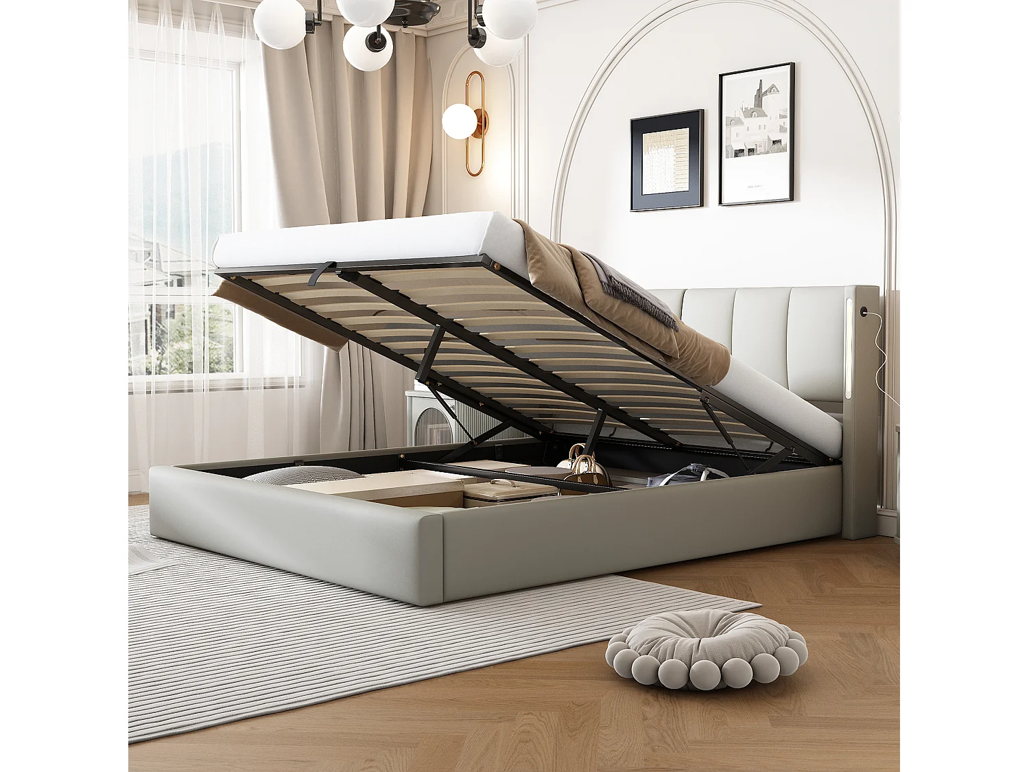 Upholstered storage bed 140 x 190 cm - with USB charging port - with LED lighting - adjustable headboard - PU - grey (mattress not included)