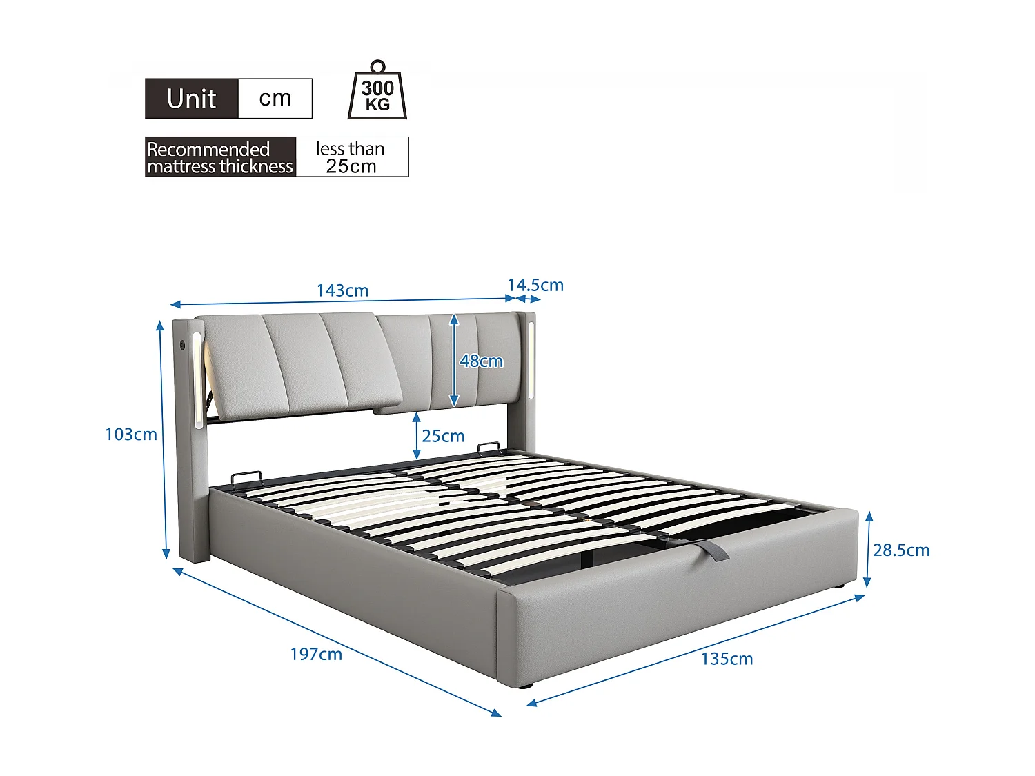 Upholstered storage bed 140 x 190 cm - with USB charging port - with LED lighting - adjustable headboard - PU - grey (mattress not included)