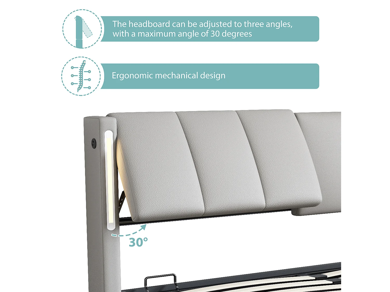 Upholstered storage bed 140 x 190 cm - with USB charging port - with LED lighting - adjustable headboard - PU - grey (mattress not included)