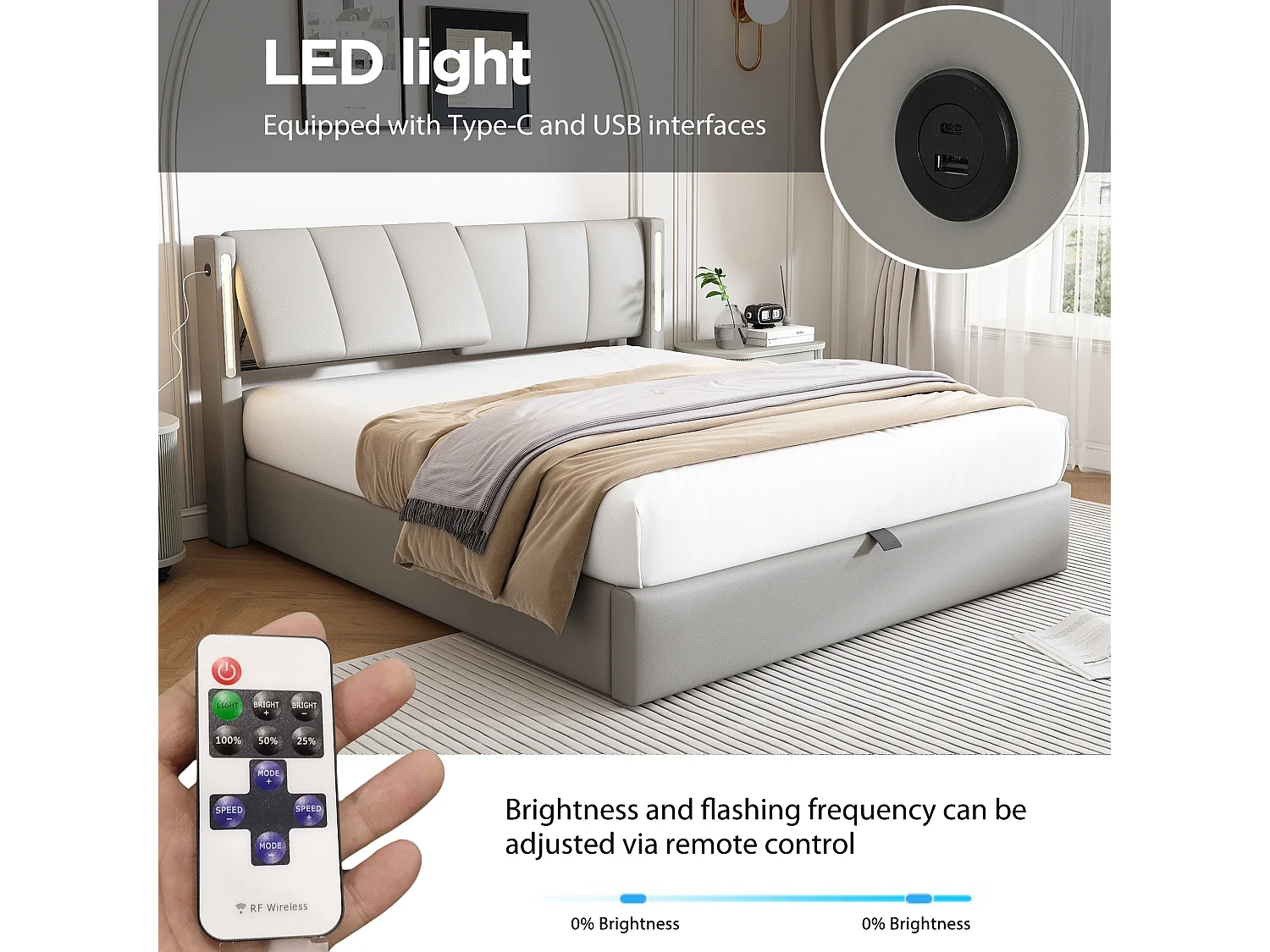 Upholstered storage bed 140 x 190 cm - with USB charging port - with LED lighting - adjustable headboard - PU - grey (mattress not included)