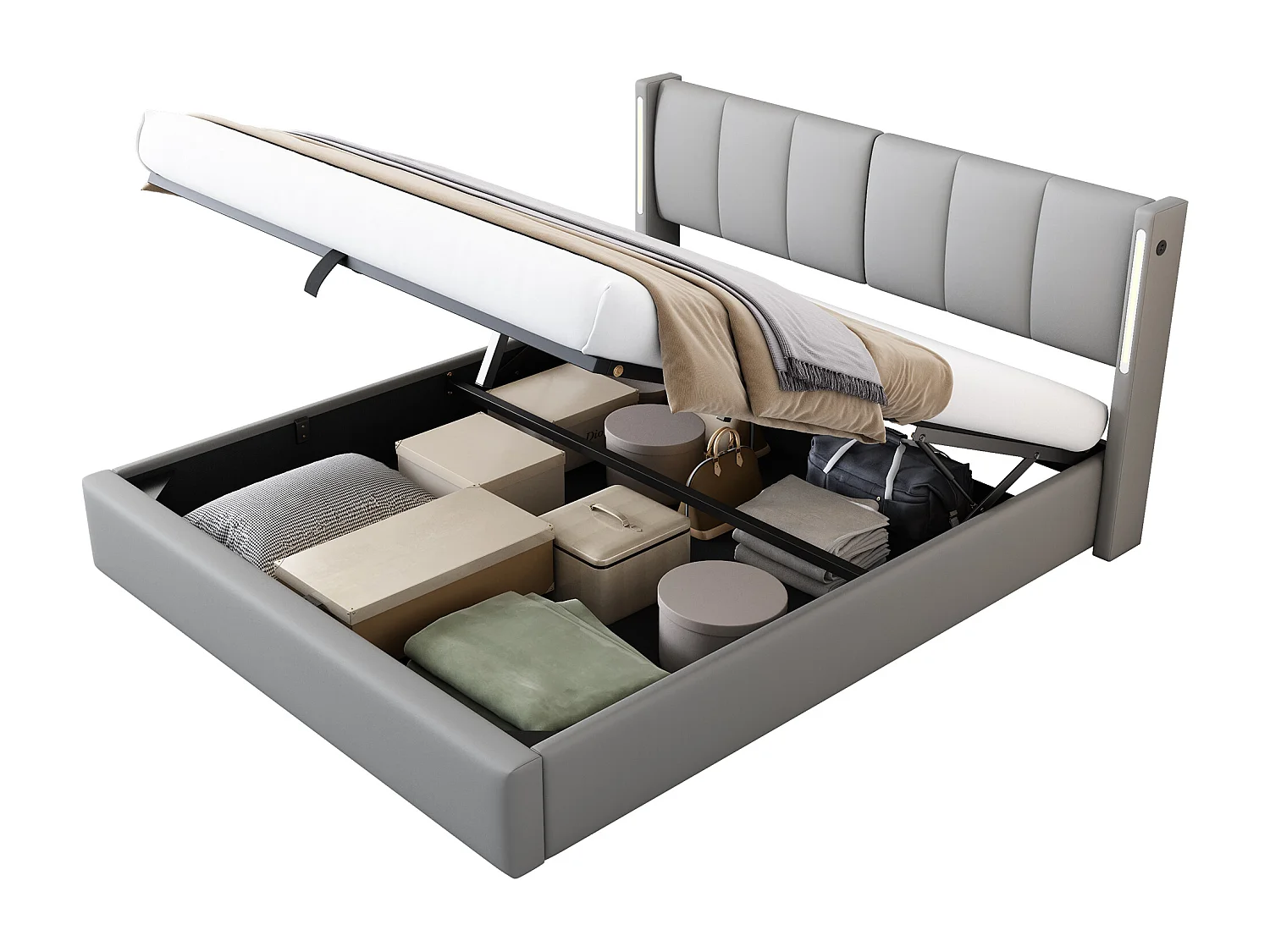 Upholstered storage bed 140 x 190 cm - with USB charging port - with LED lighting - adjustable headboard - PU - grey (mattress not included)