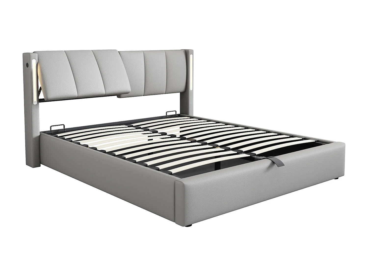Upholstered storage bed 140 x 190 cm - with USB charging port - with LED lighting - adjustable headboard - PU - grey (mattress not included)