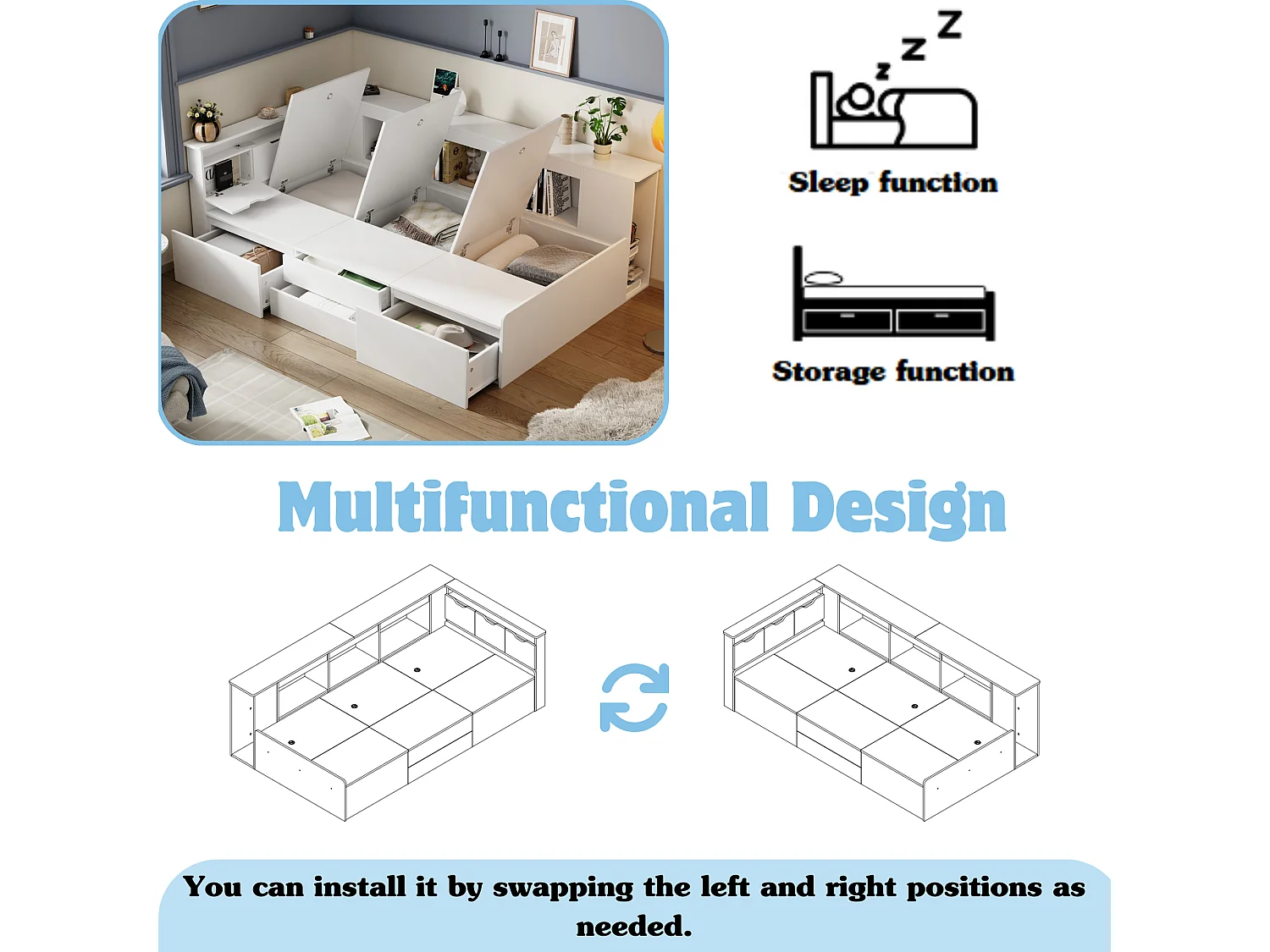 Single bed 90x200cm in solid wood - with multifunctional storage - White