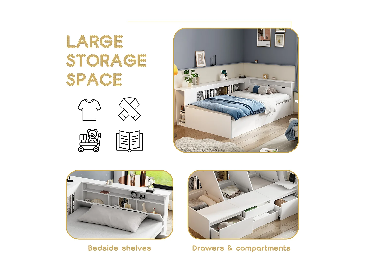 Single bed 90x200cm in solid wood - with multifunctional storage - White