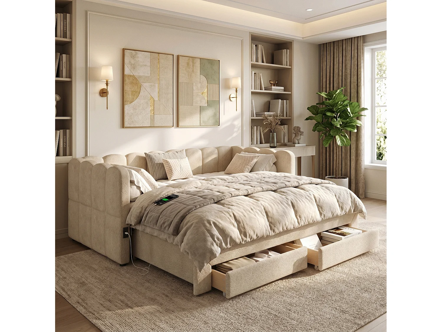 Tufted sofa bed 90x190cm - with pull-out bed - with 2 drawers and USB port - Chenille fabric - Beige (Mattress not included)