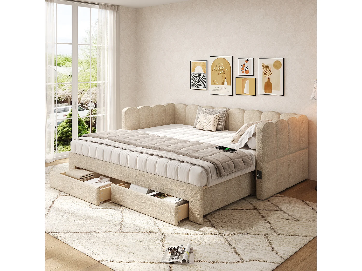 Tufted sofa bed 90x190cm - with pull-out bed - with 2 drawers and USB port - Chenille fabric - Beige (Mattress not included)
