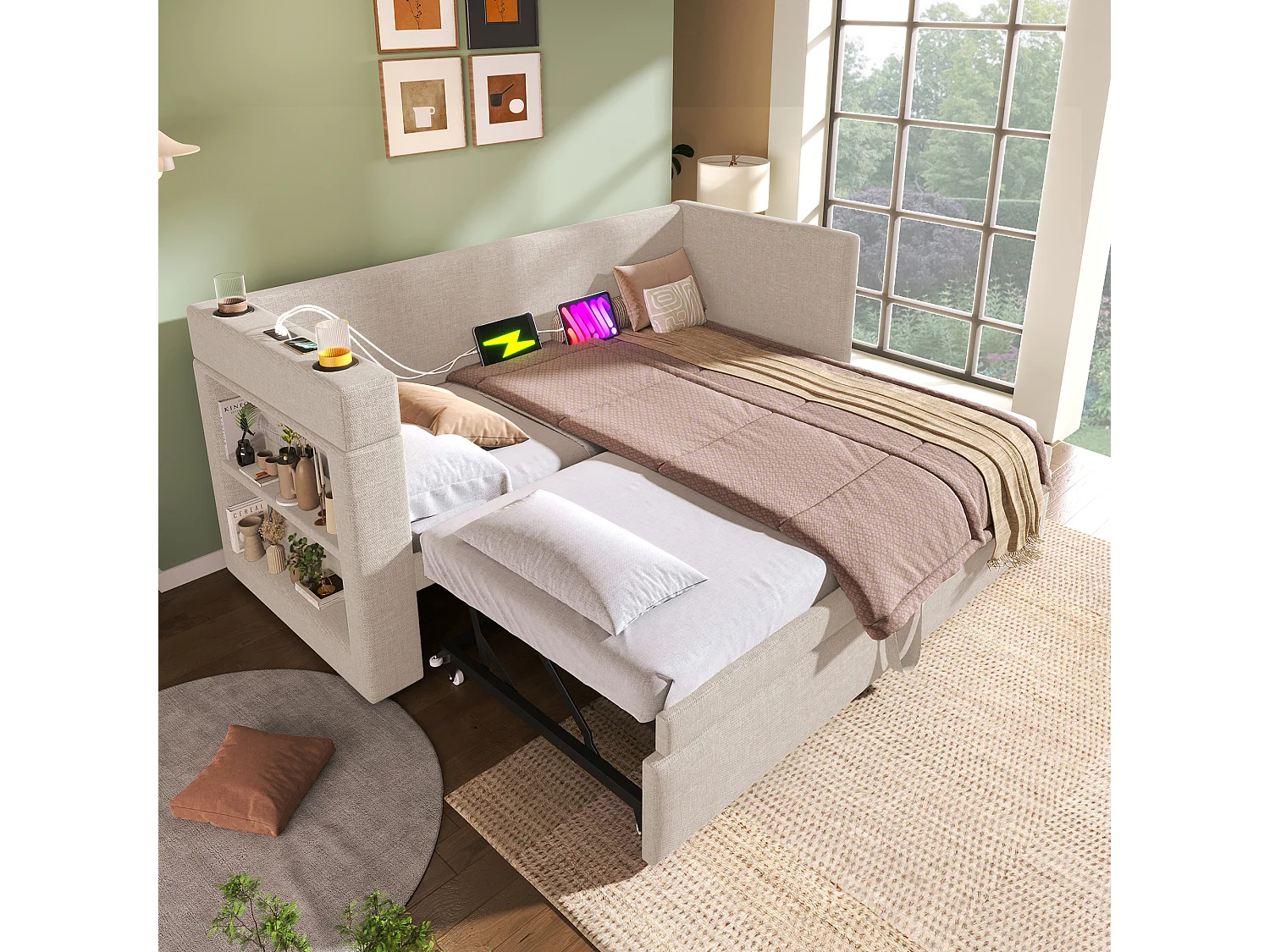 Upholstered daybed 90x200 cm - with pull-out bed 90x200 cm - with USB and Type-C ports - with cup holder - Beige (mattress not included)