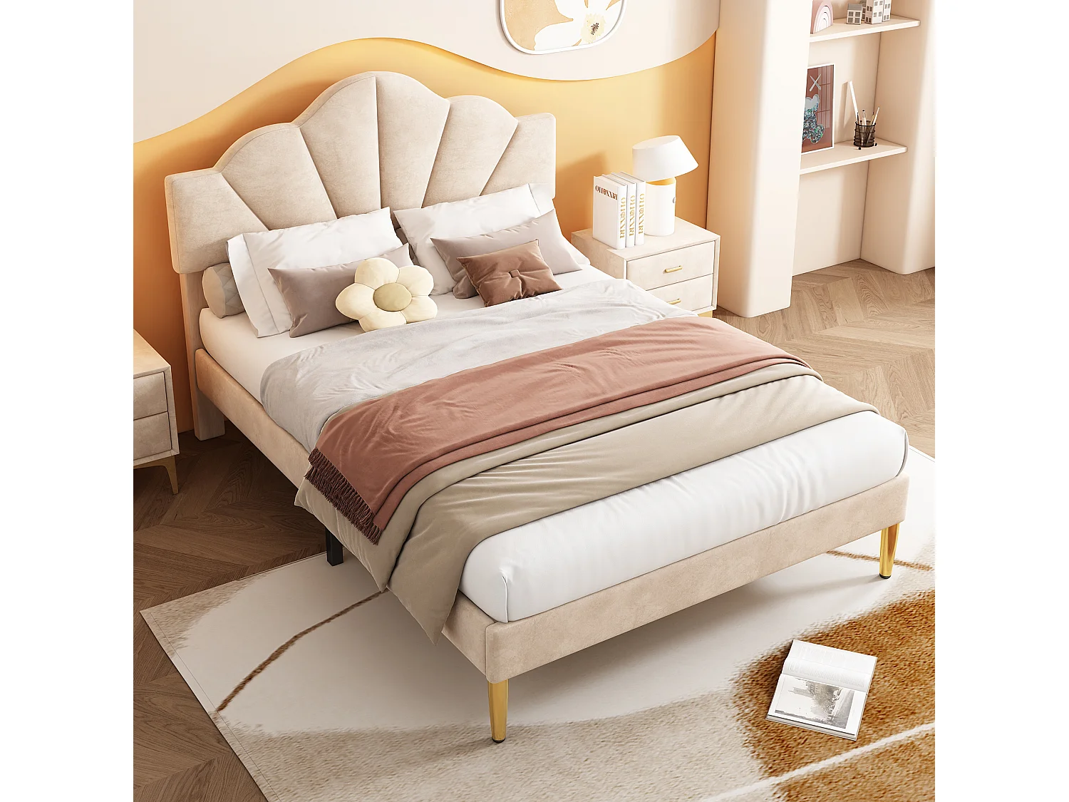 140x200cm Velvet Bed - Shell-Shaped Headboard - Beige