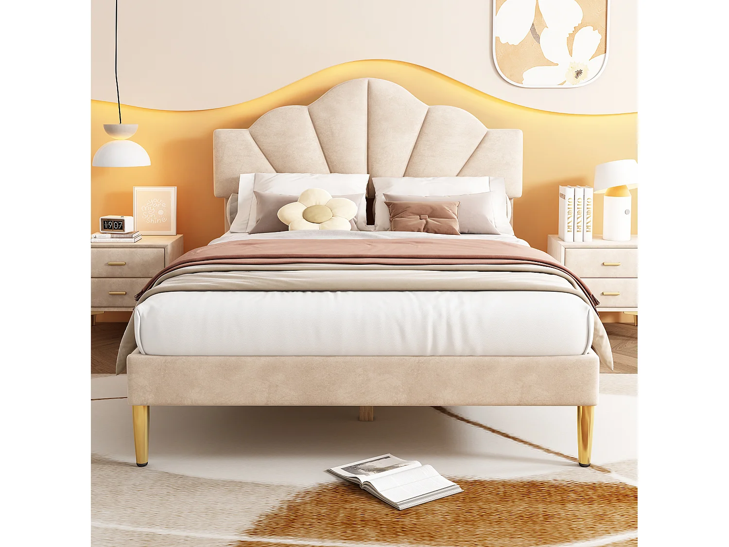 140x200cm Velvet Bed - Shell-Shaped Headboard - Beige