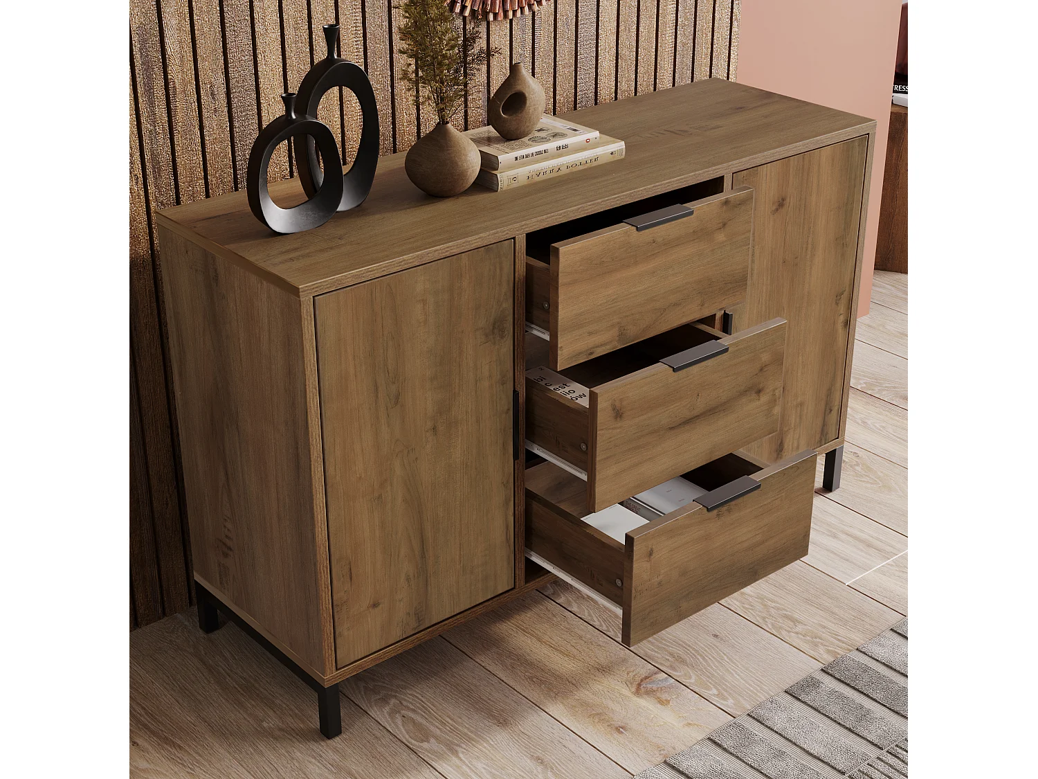 Sideboard with adjustable shelves - 2 doors and 3 drawers - dark oak