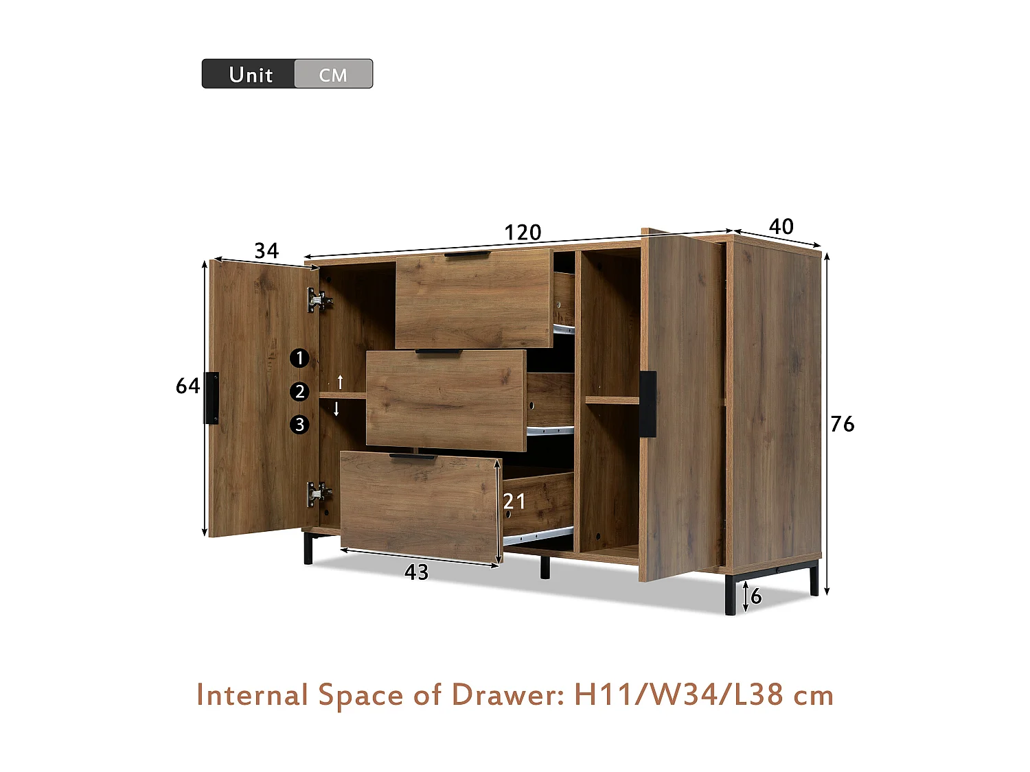 Sideboard with adjustable shelves - 2 doors and 3 drawers - dark oak
