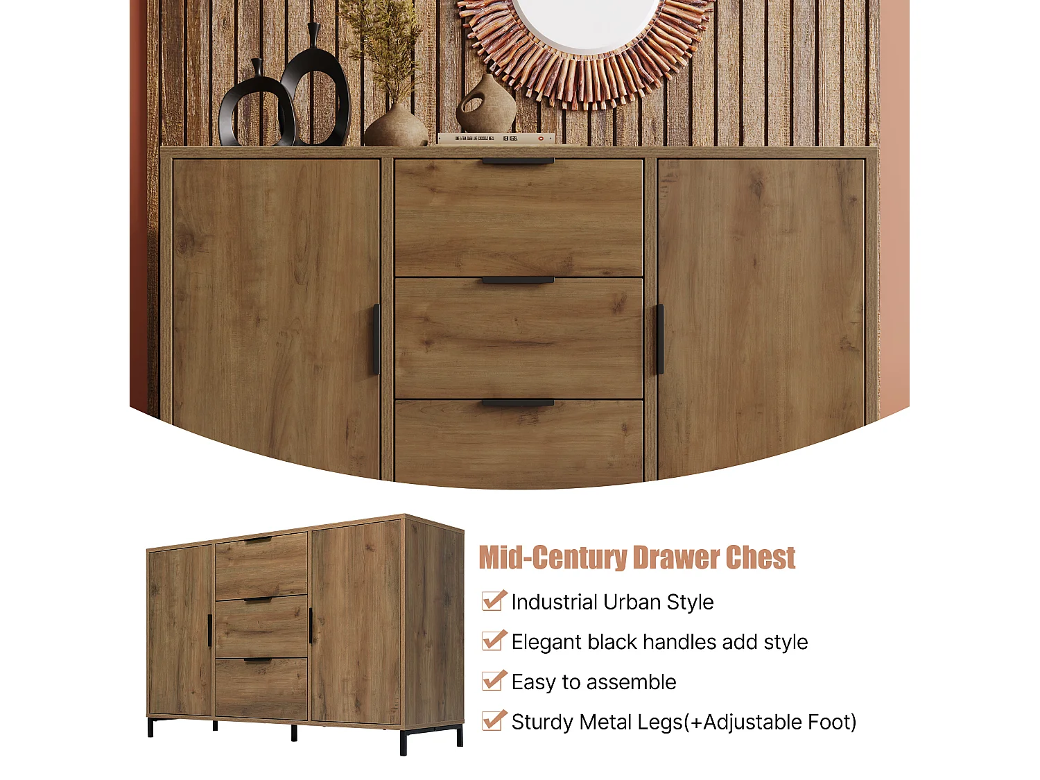 Sideboard with adjustable shelves - 2 doors and 3 drawers - dark oak