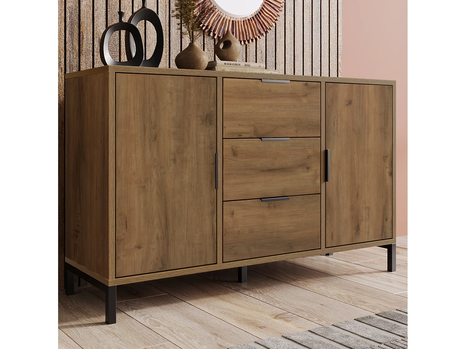 Sideboard with adjustable shelves - 2 doors and 3 drawers - dark oak