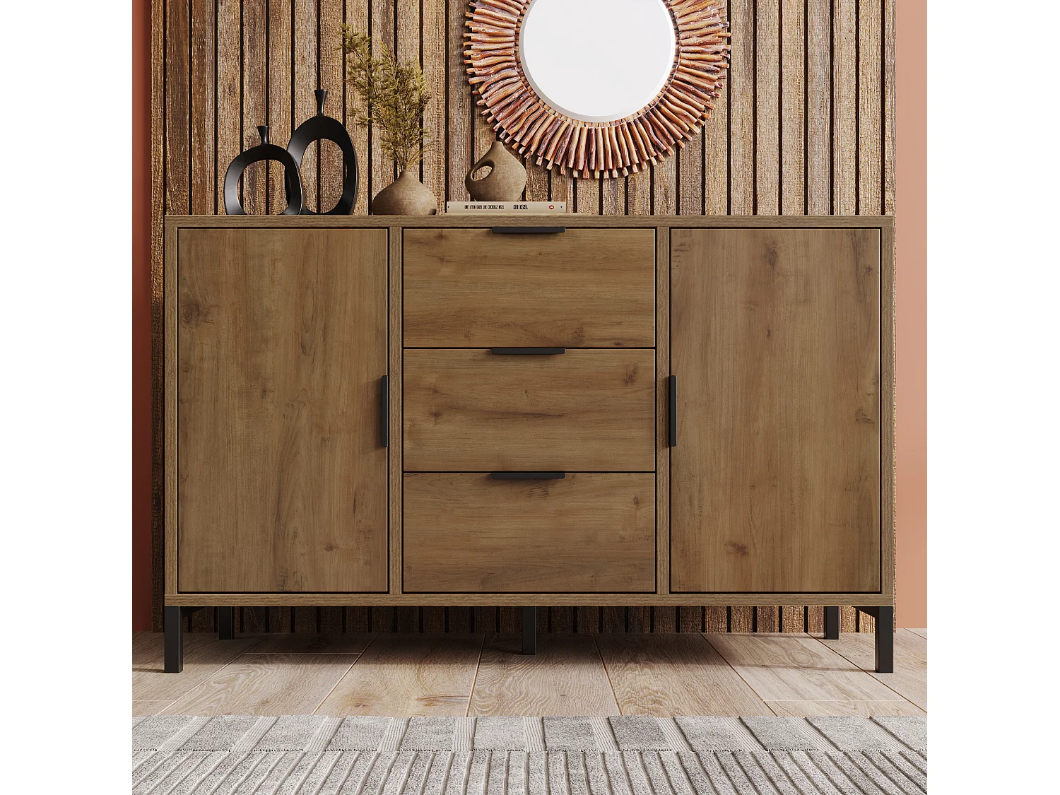 Sideboard with adjustable shelves - 2 doors and 3 drawers - dark oak