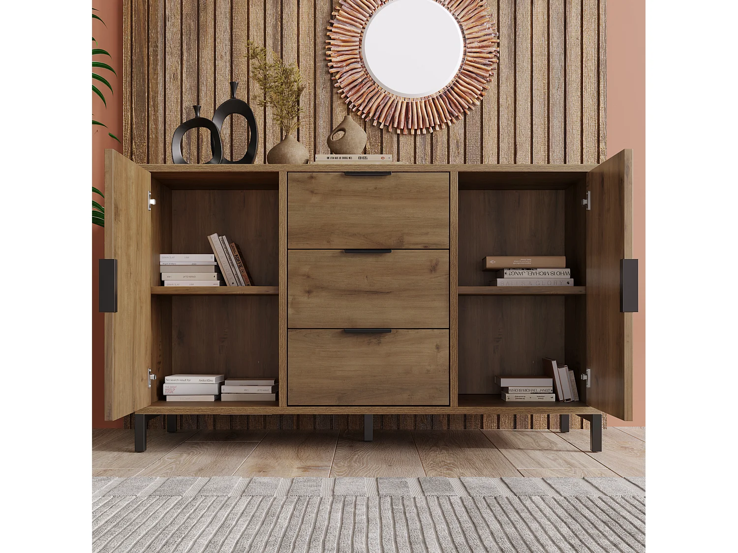 Sideboard with adjustable shelves - 2 doors and 3 drawers - dark oak