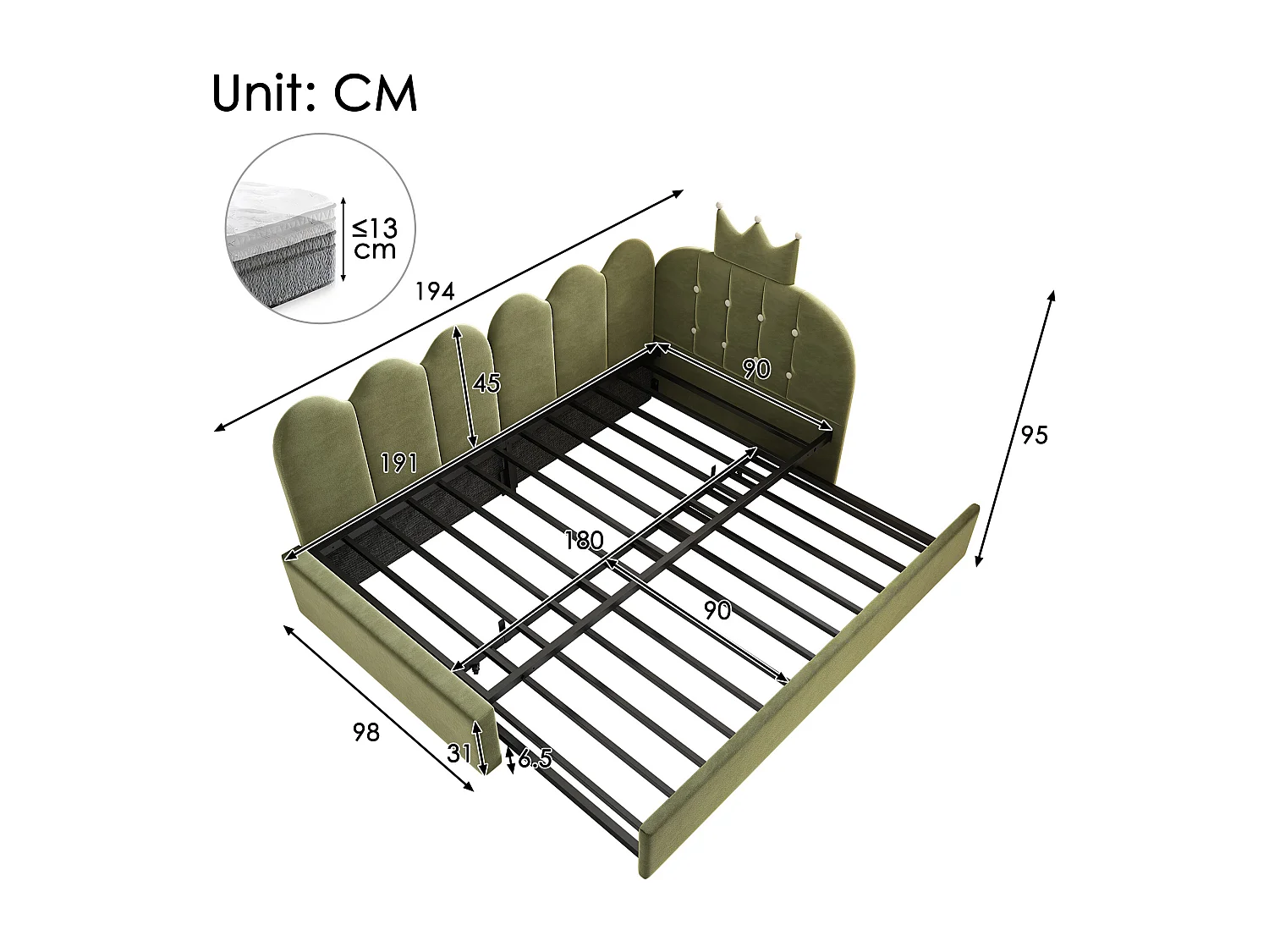Sofa bed 90x190 cm - with pull-out bed 90x190 cm - features a crown-shaped decoration - Velvet - Green (mattress not included)