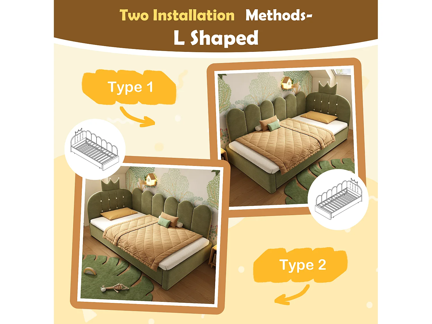 Sofa bed 90x190 cm - with pull-out bed 90x190 cm - features a crown-shaped decoration - Velvet - Green (mattress not included)