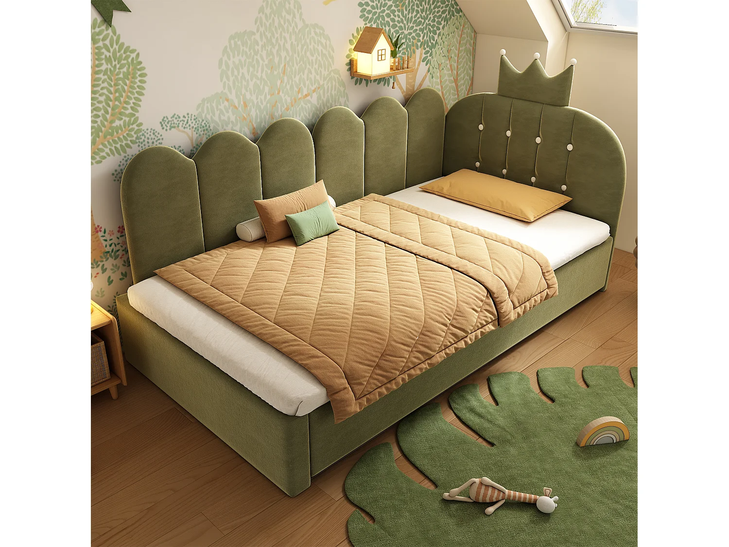 Sofa bed 90x190 cm - with pull-out bed 90x190 cm - features a crown-shaped decoration - Velvet - Green (mattress not included)