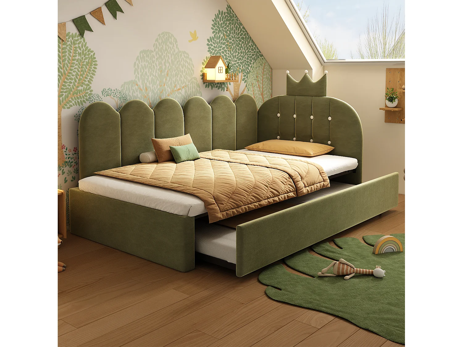 Sofa bed 90x190 cm - with pull-out bed 90x190 cm - features a crown-shaped decoration - Velvet - Green (mattress not included)