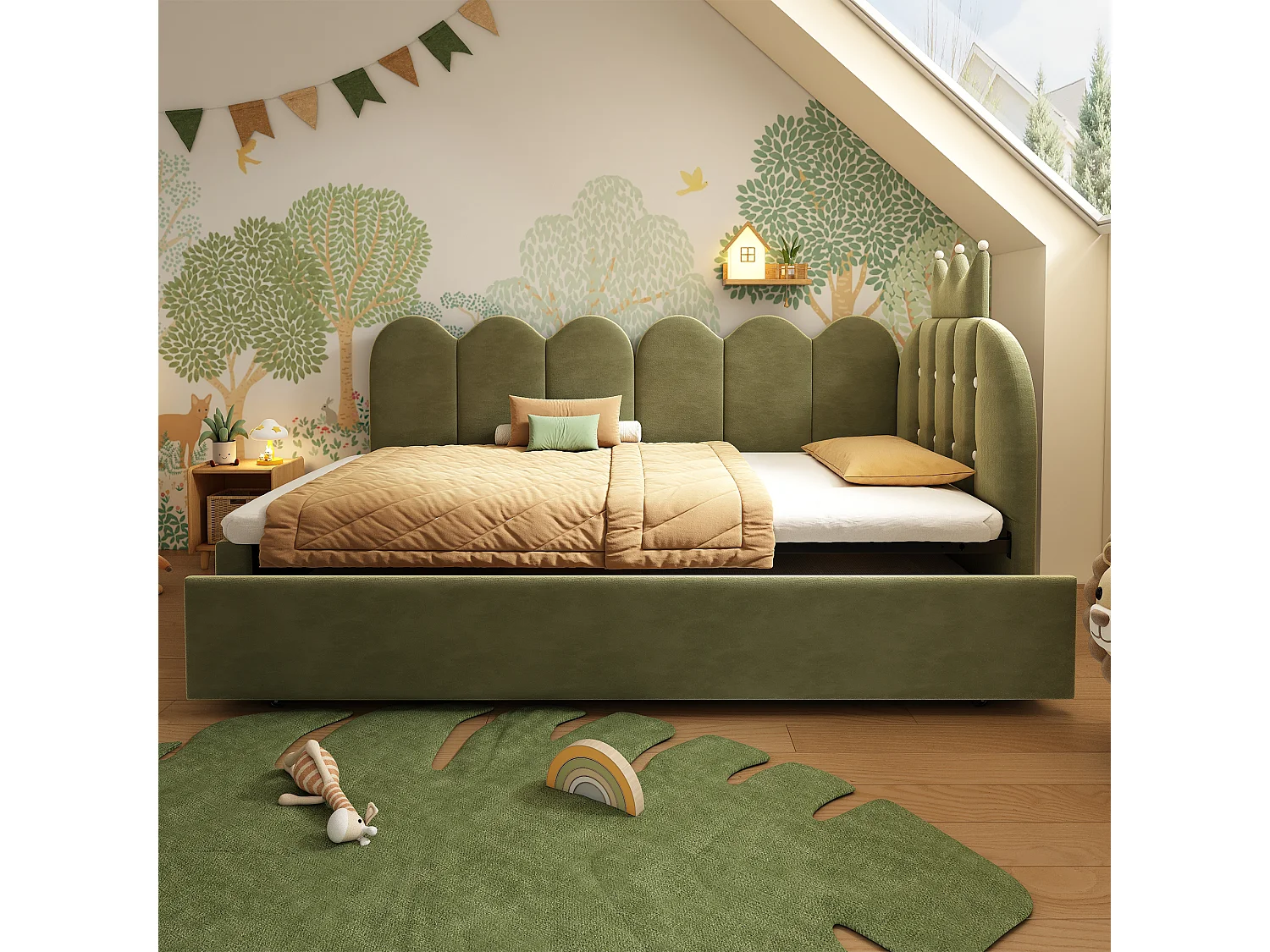 Sofa bed 90x190 cm - with pull-out bed 90x190 cm - features a crown-shaped decoration - Velvet - Green (mattress not included)