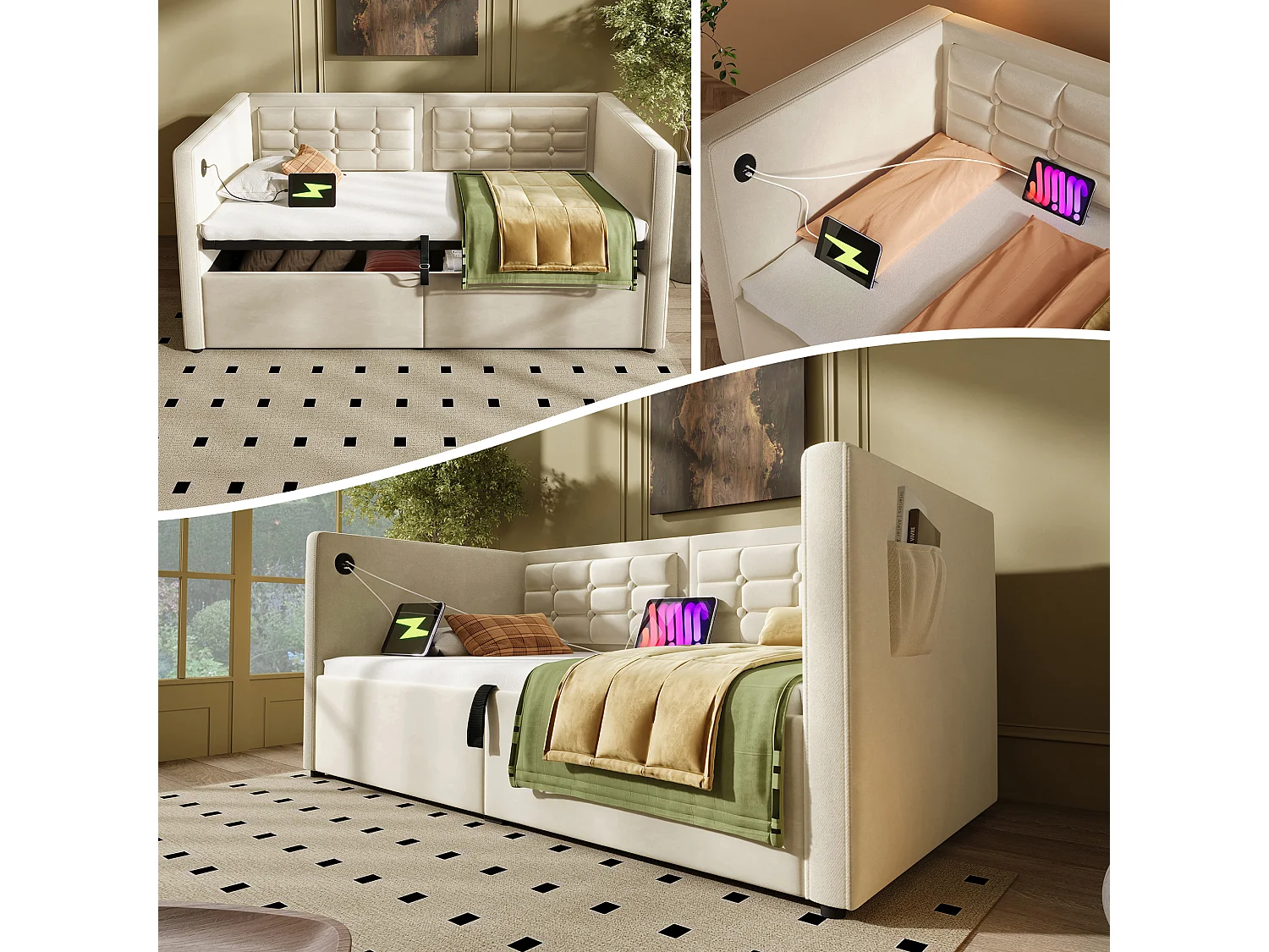 Upholstered daybed 90x190 cm - with pull-out bed 90x190 cm - with USB and Type-C ports - with cup holder - Beige (mattress not included)
