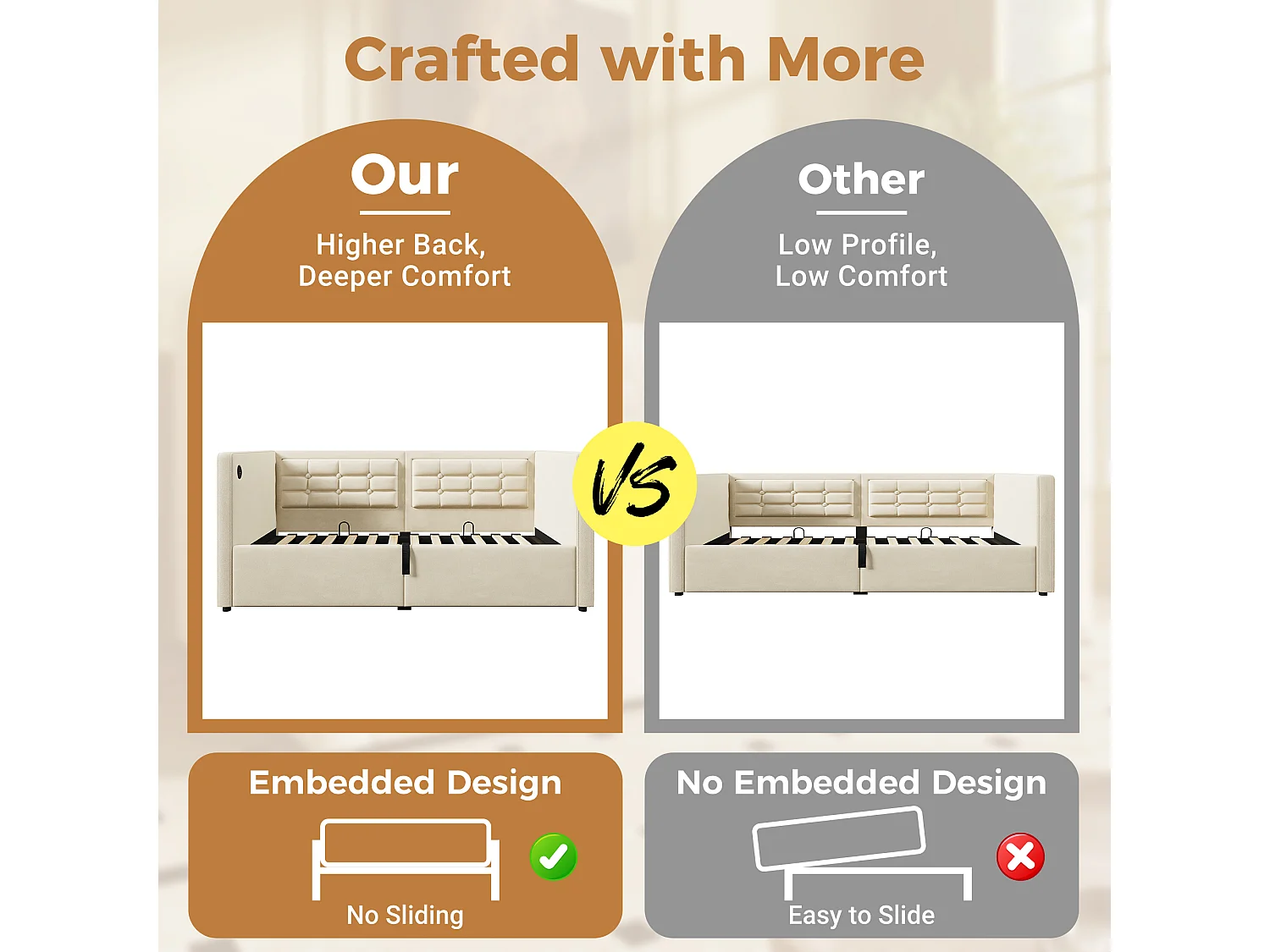 Upholstered daybed 90x190 cm - with pull-out bed 90x190 cm - with USB and Type-C ports - with cup holder - Beige (mattress not included)