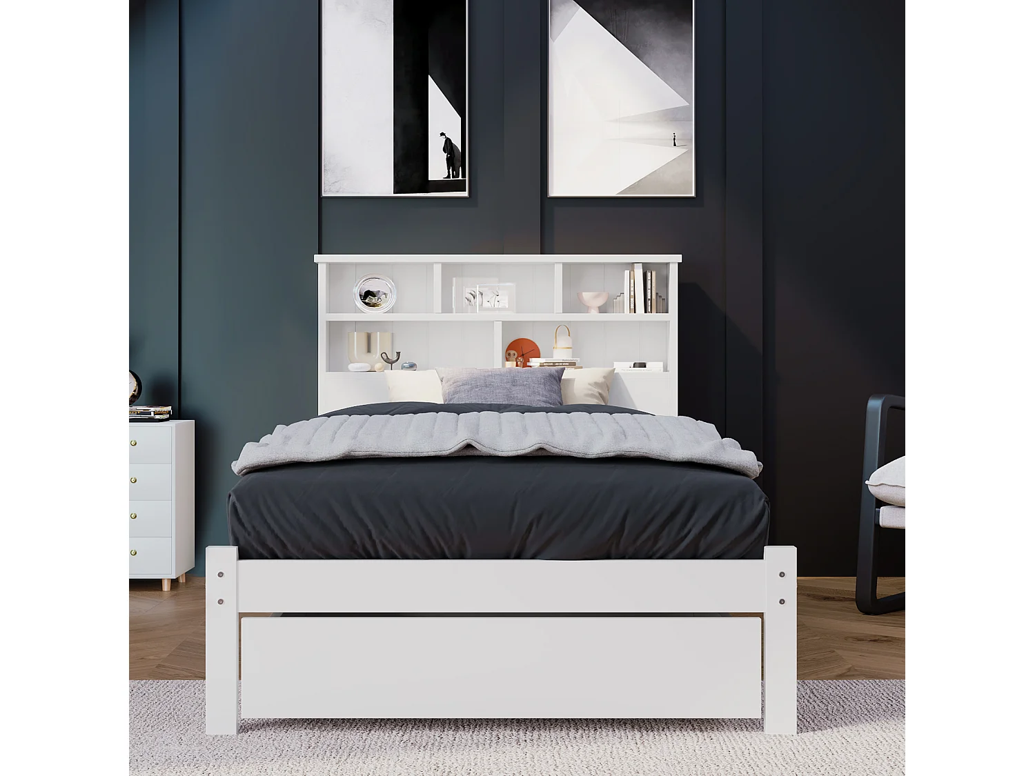 Adult bed with storage headboard + drawer + slatted base - 90x190cm - solid wood - white