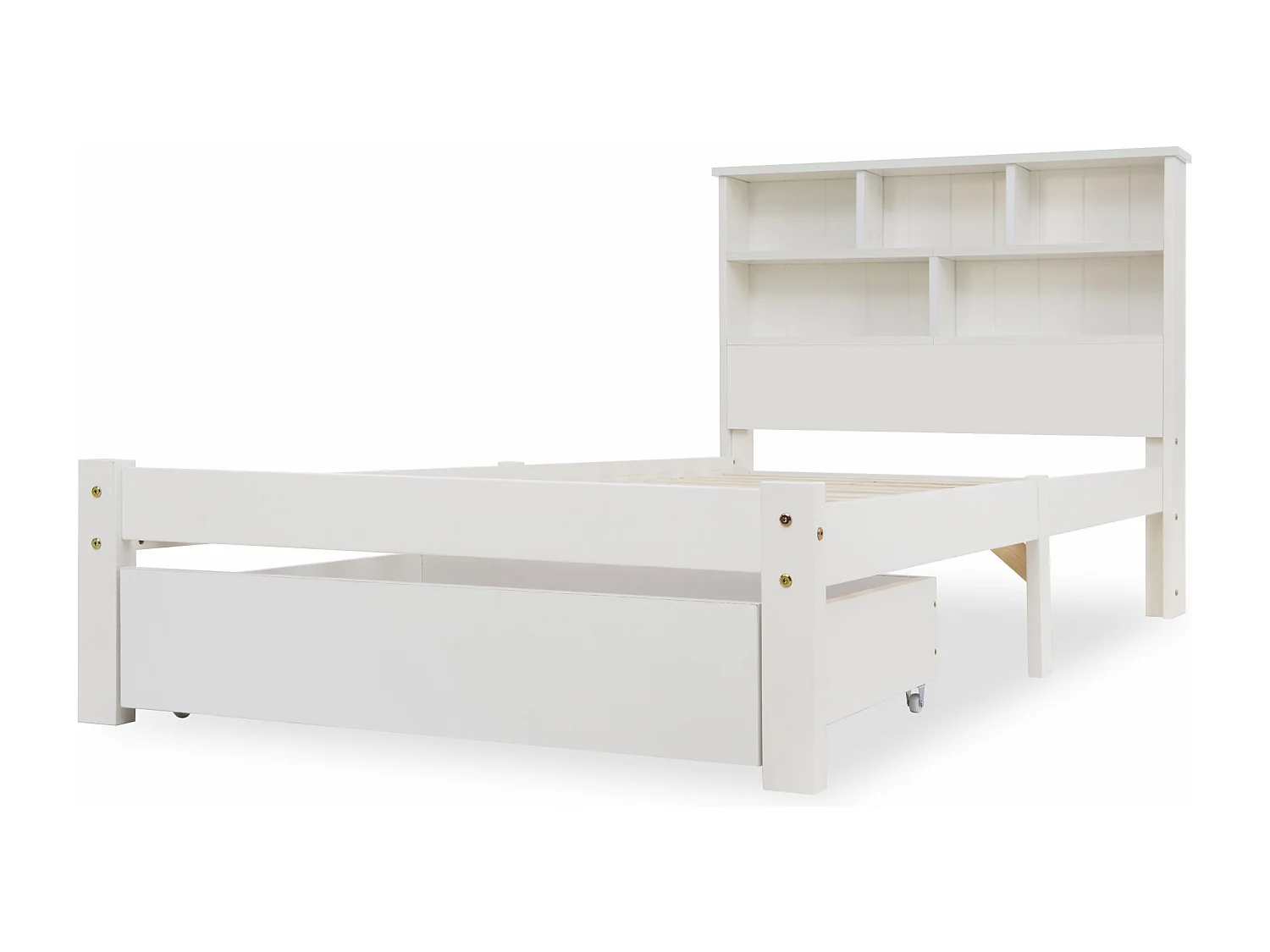 Adult bed with storage headboard + drawer + slatted base - 90x190cm - solid wood - white