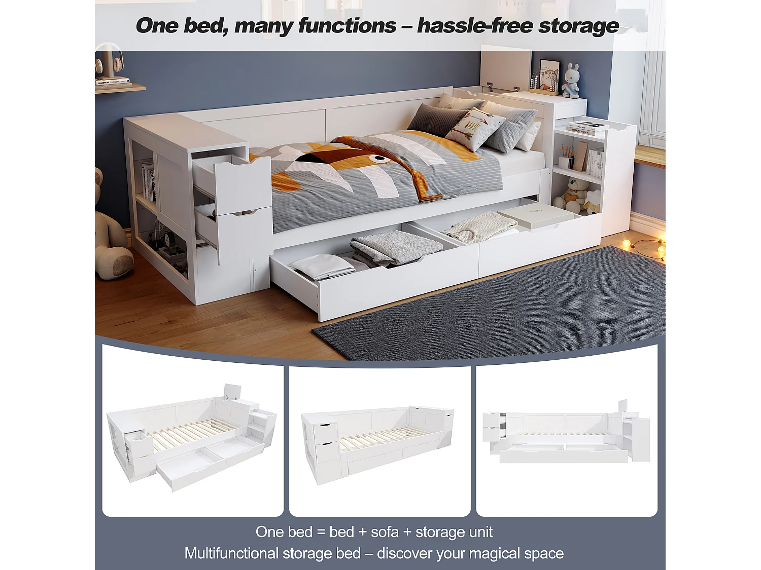Children's sofa bed 140x190 cm - with drawers, shelves and storage space - MDF - White (mattress not included)